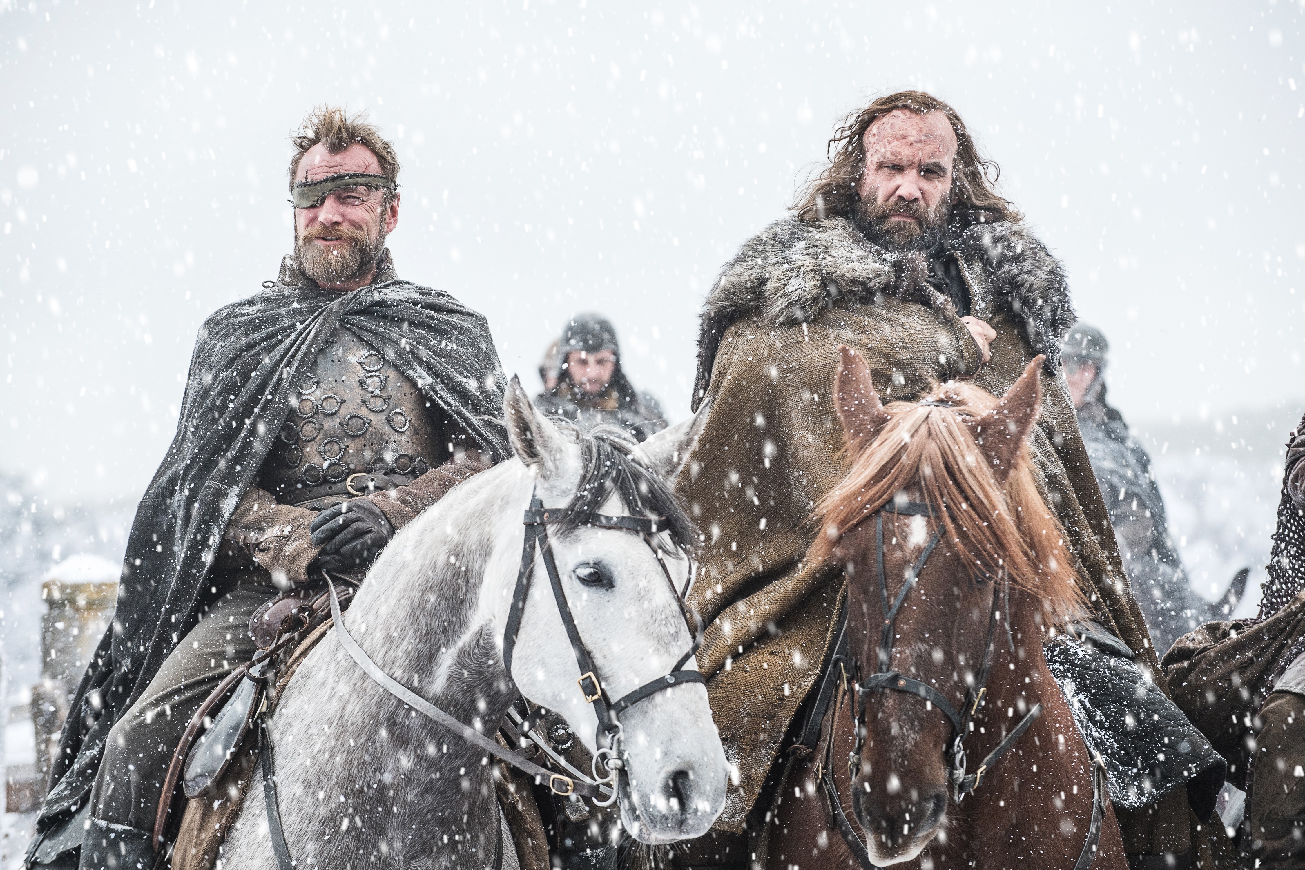 Beric Dondarrion and The Hound on horseback in snow HD Wallpaper