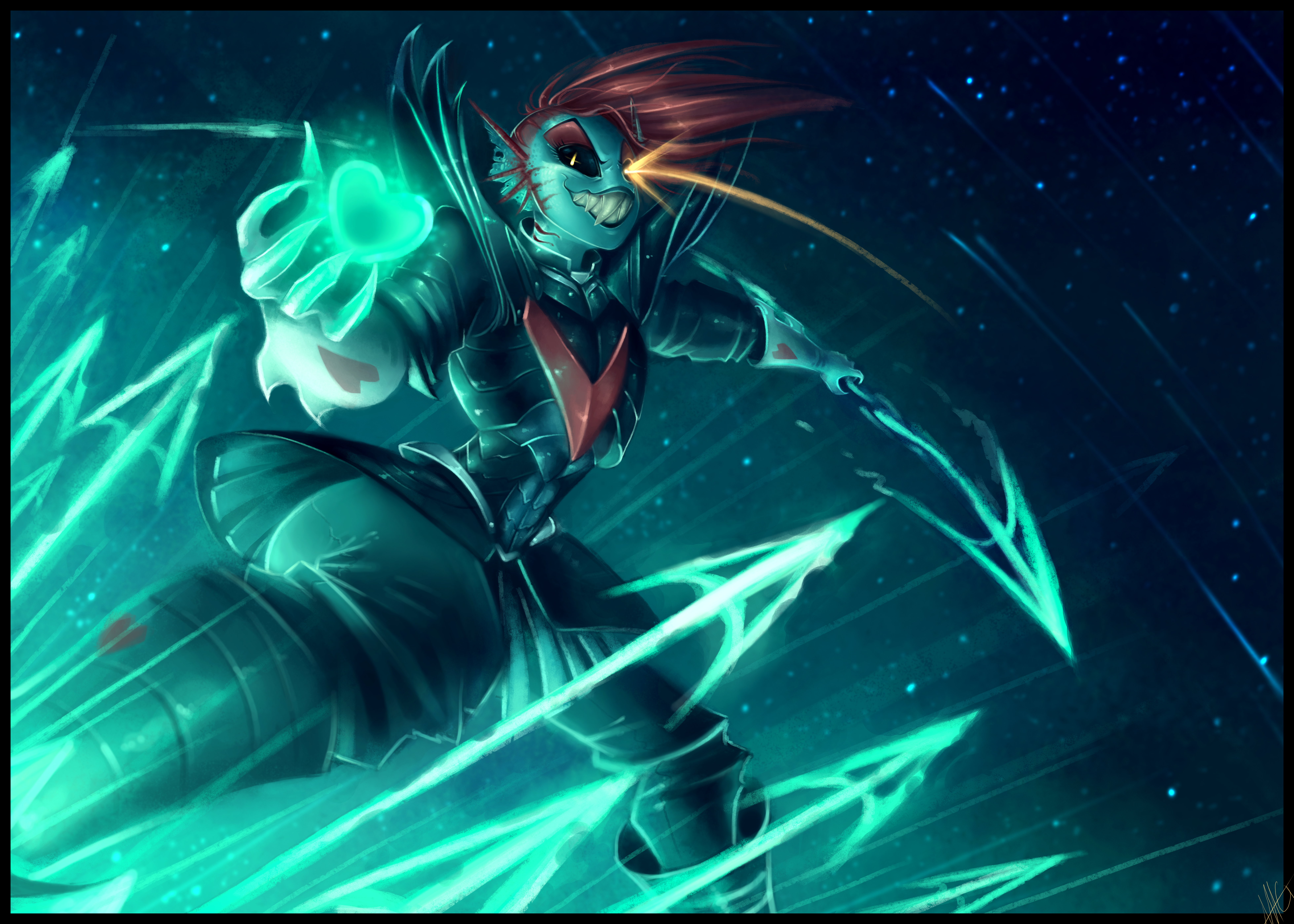 Undyne from Undertale with glowing spear HD Wallpaper