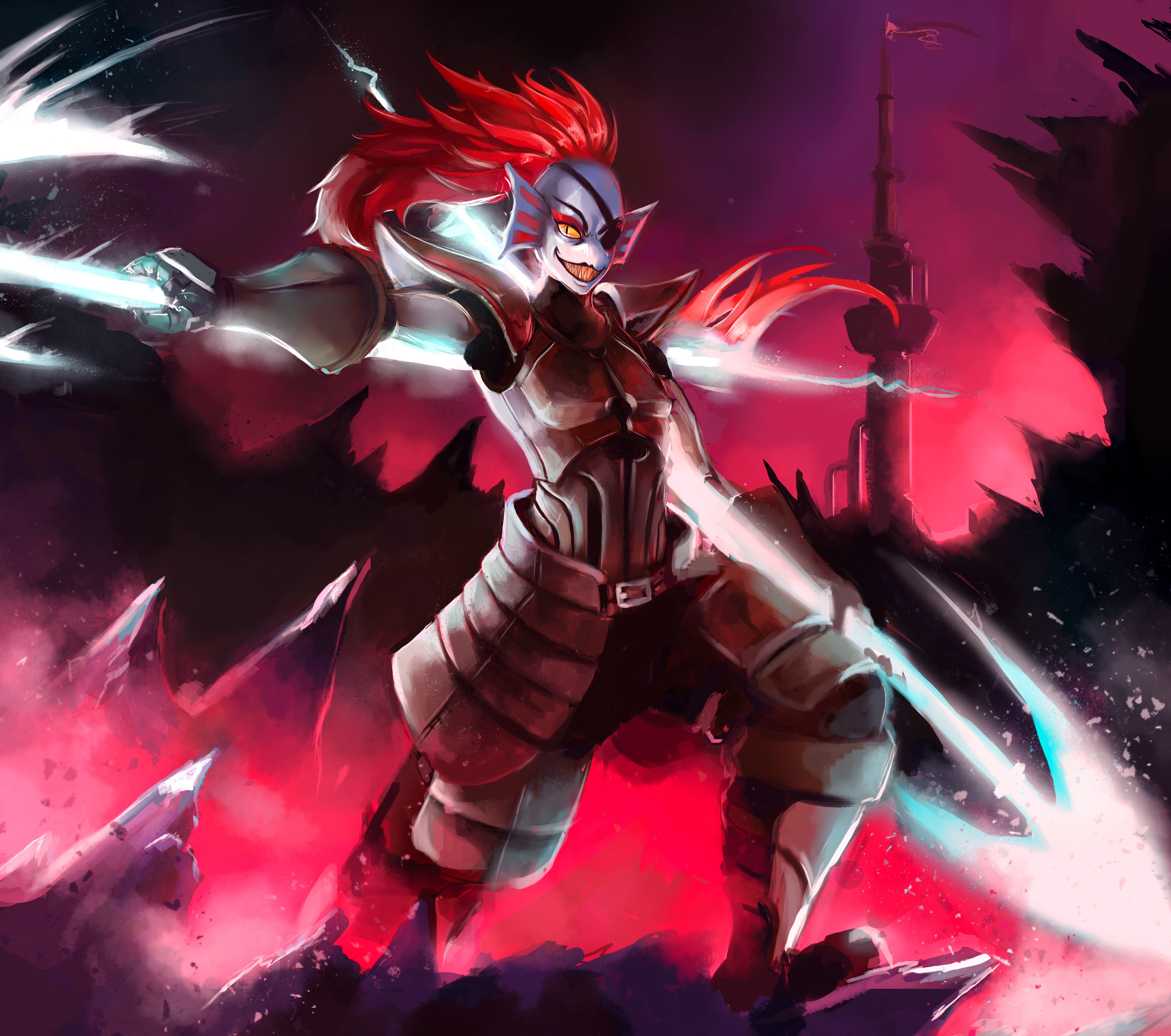 Undyne from Undertale with glowing spears HD Wallpaper