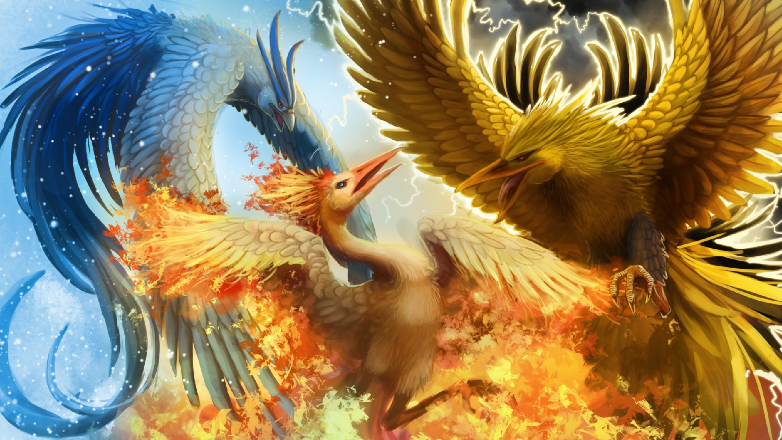 Moltres, Articuno, and Zapdos battling HD Wallpaper