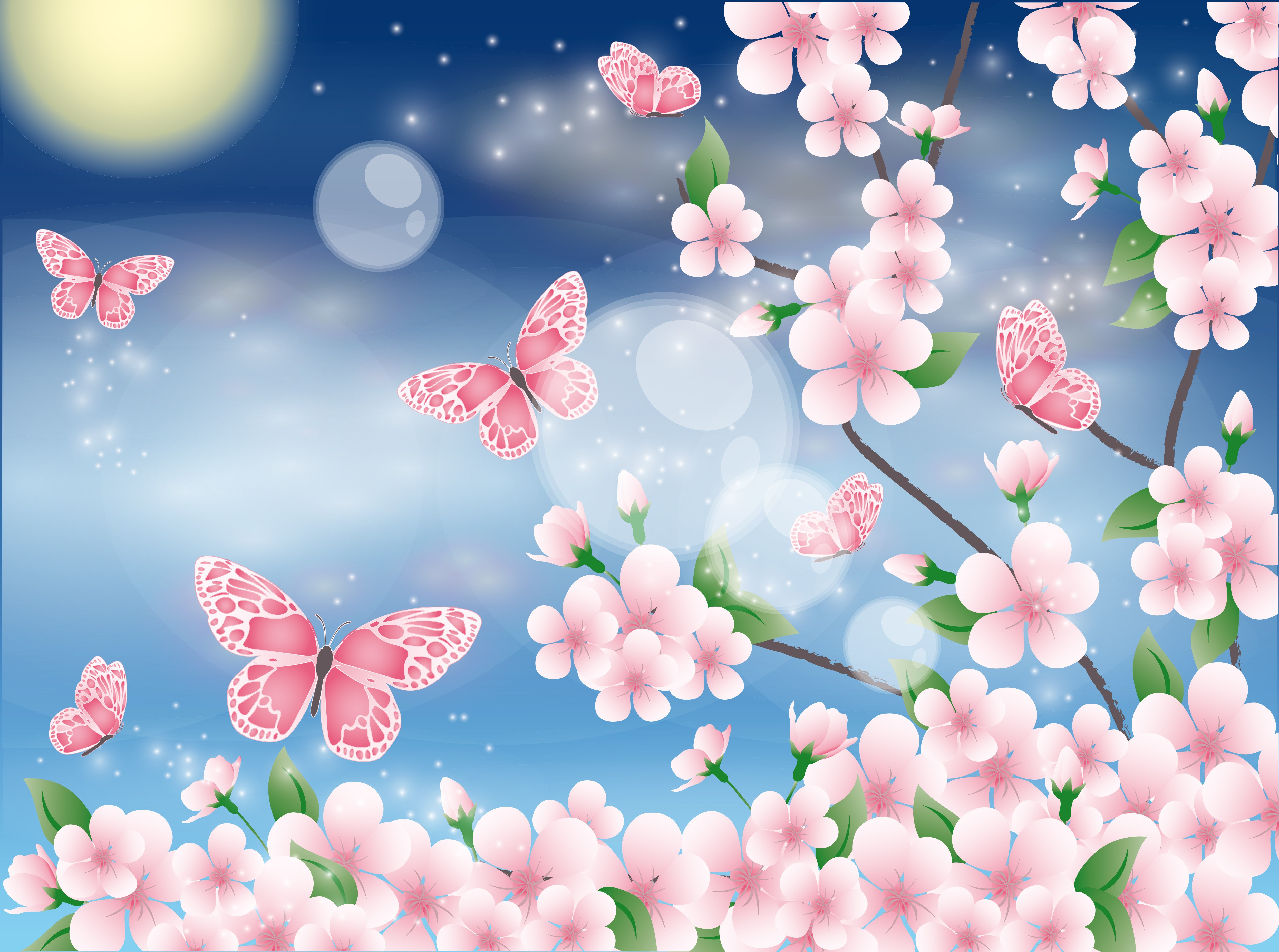 Pink butterflies and cherry blossoms against a blue sky HD Wallpaper