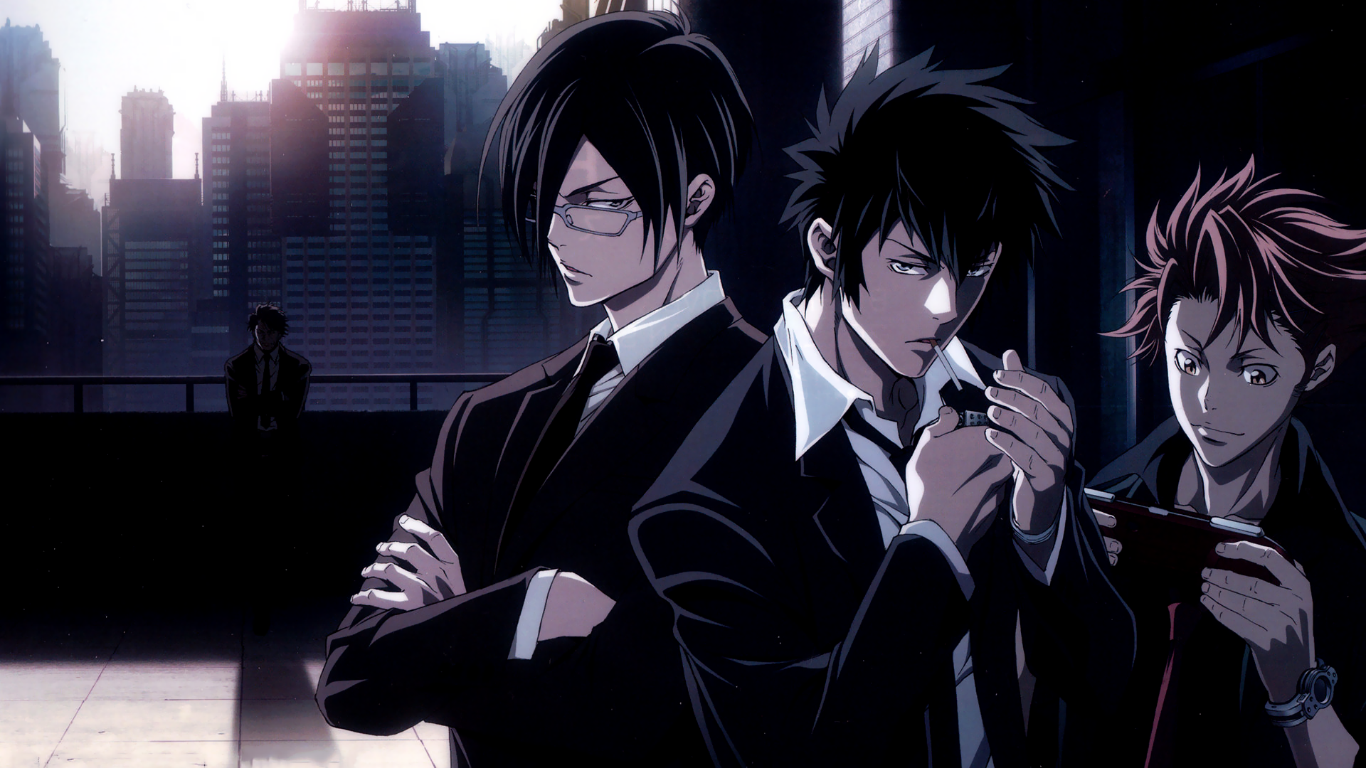 Shinya Kogami and two other men in a city HD Wallpaper