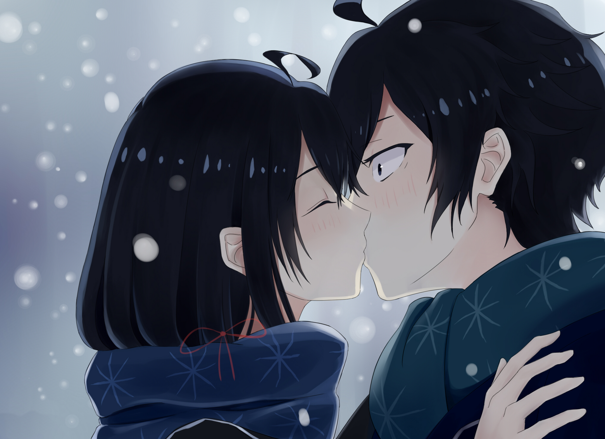 Hachiman Hikigaya and Yukino Yukinoshita kissing in the snow HD Wallpaper