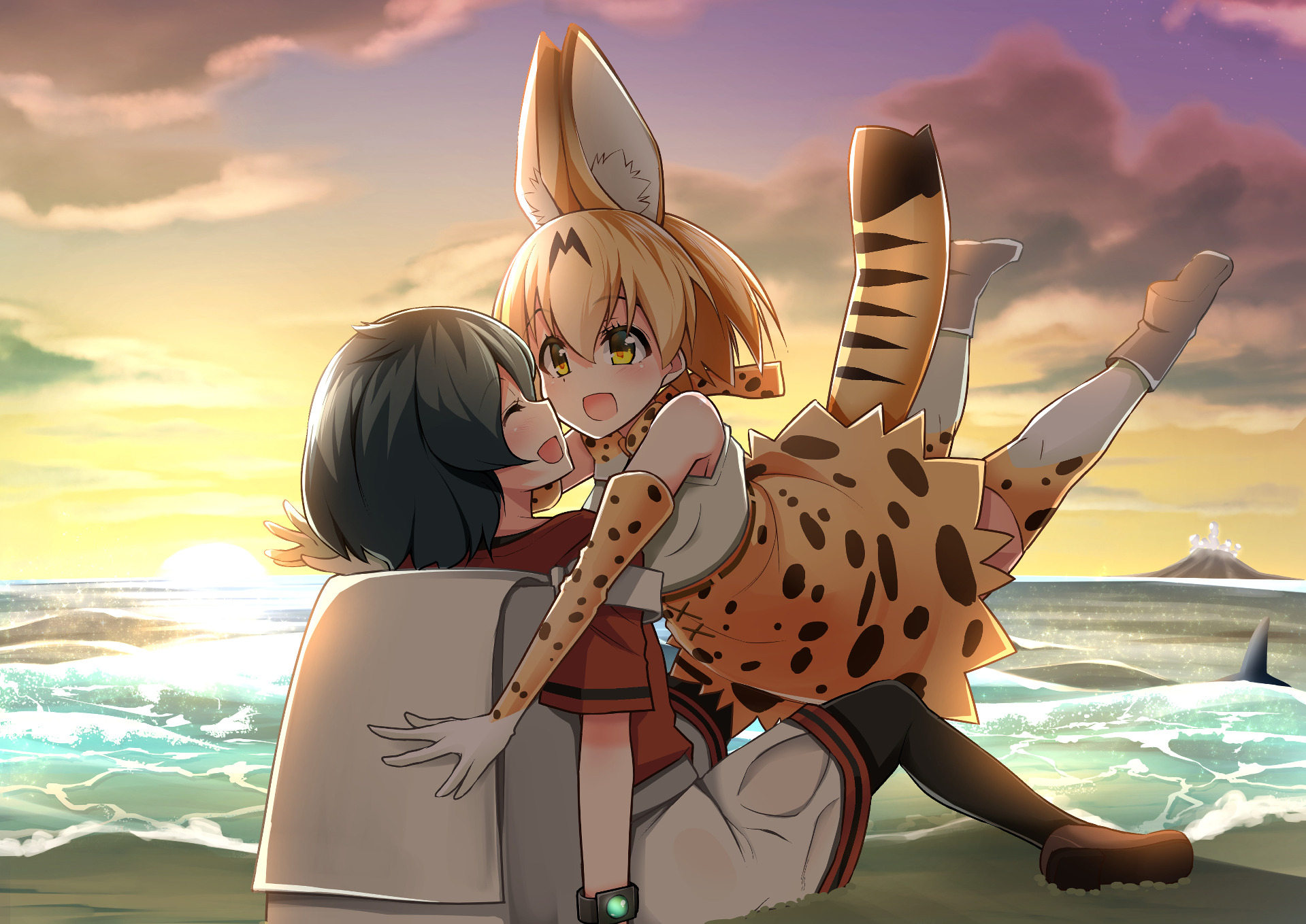 Serval and Kaban from Kemono Friends on a beach HD Wallpaper