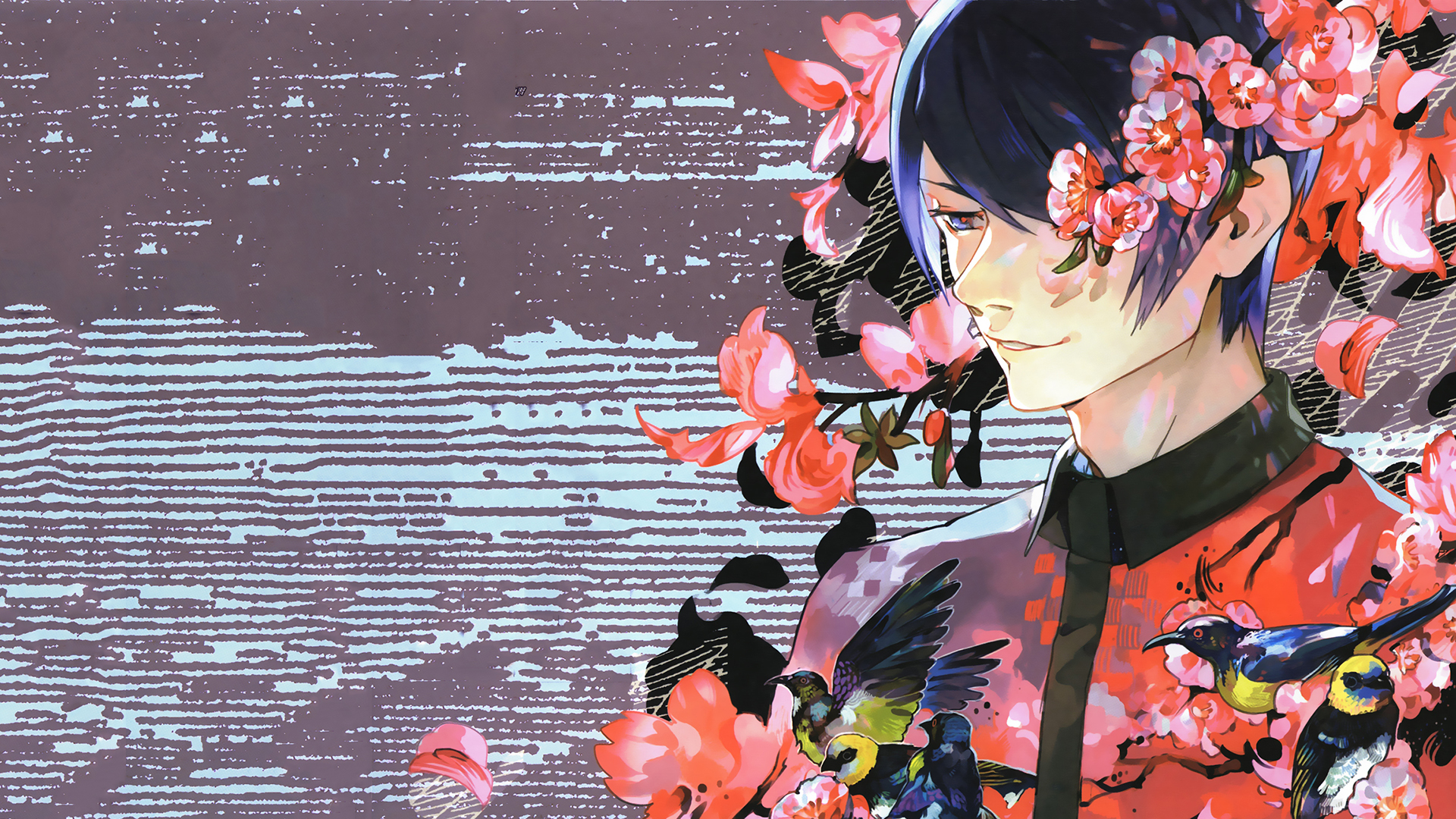 Shuu Tsukiyama with flowers and birds HD Wallpaper