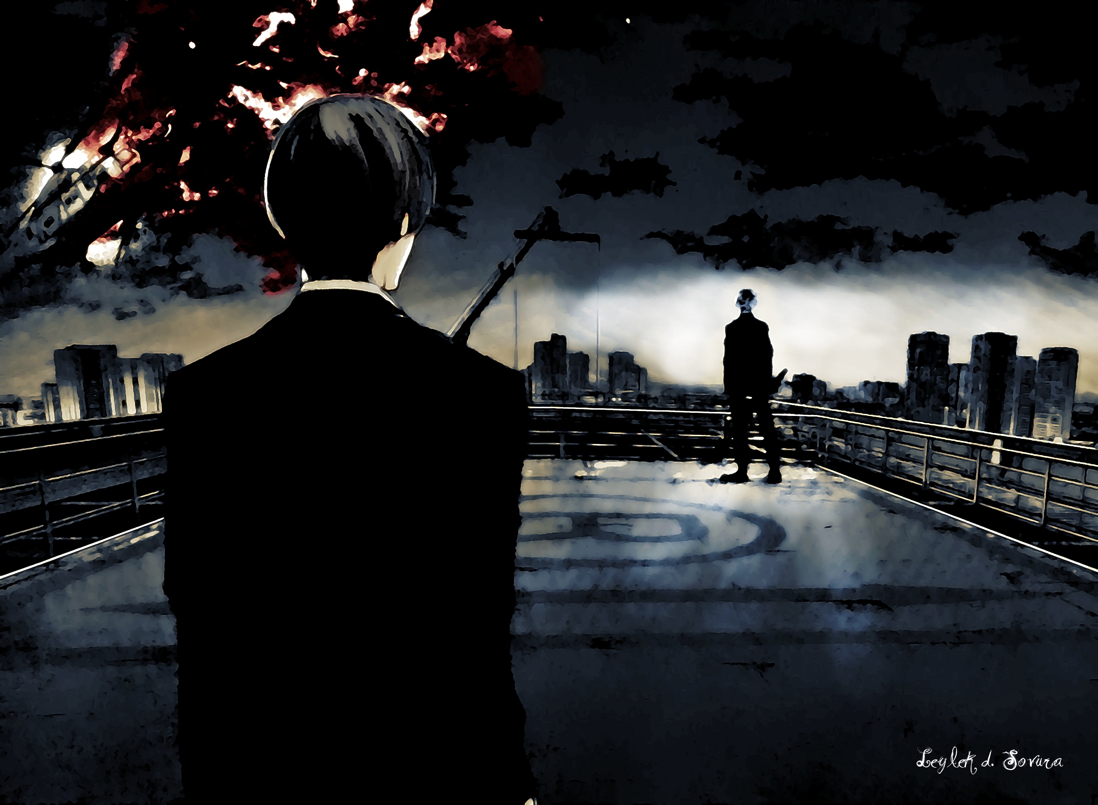 Shuu Tsukiyama on a rooftop with a city skyline HD Wallpaper