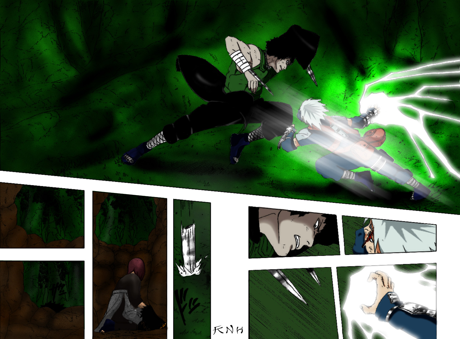 Might Guy fighting an opponent in a green forest HD Wallpaper