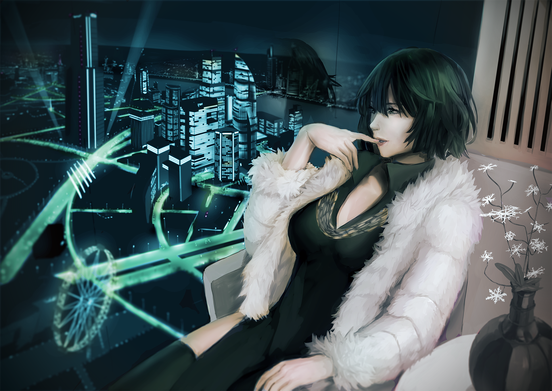 Fubuki from One-Punch Man sitting by a window overlooking a futuristic city HD Wallpaper