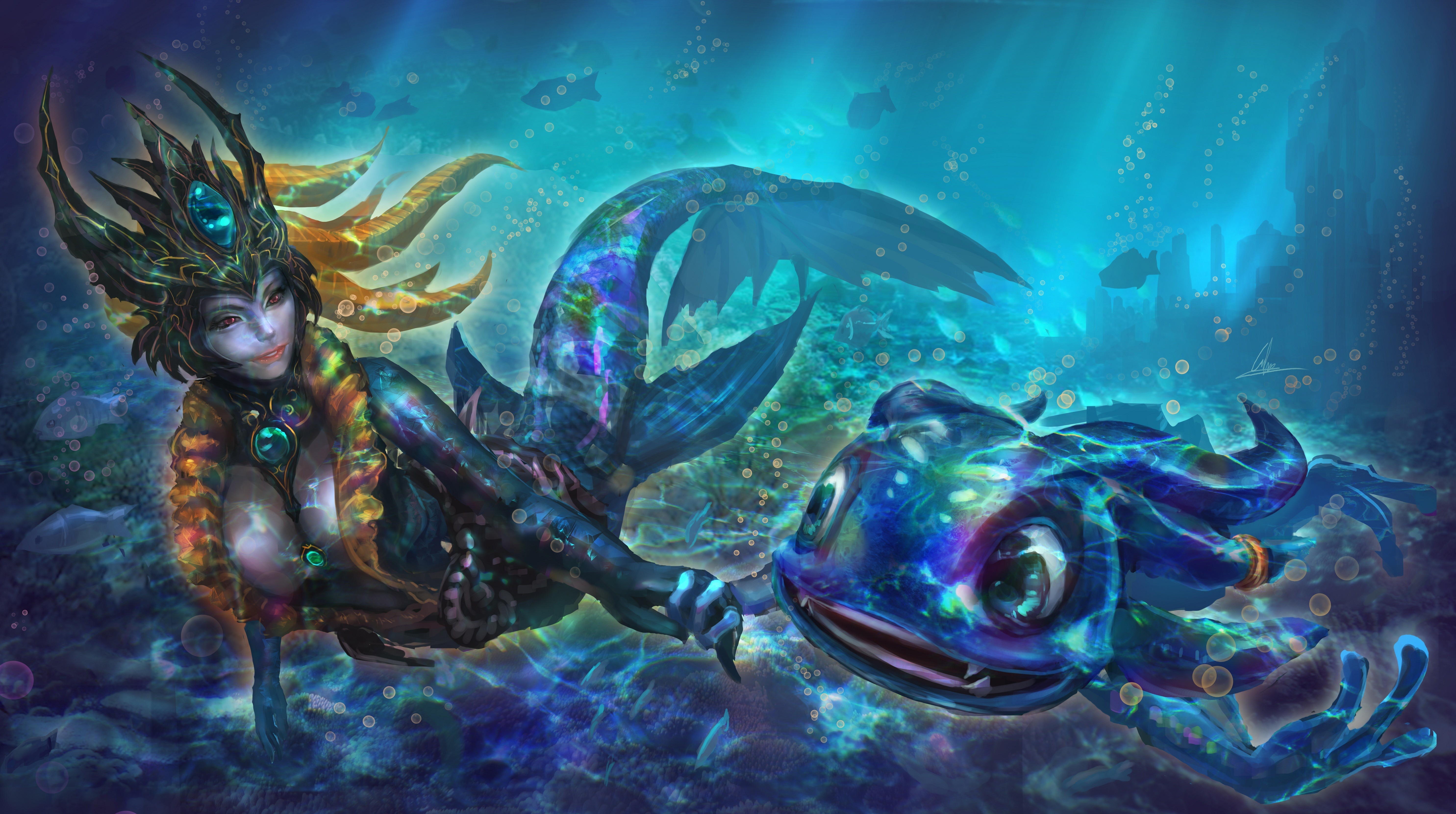 Nami from League of Legends with a fish companion HD Wallpaper