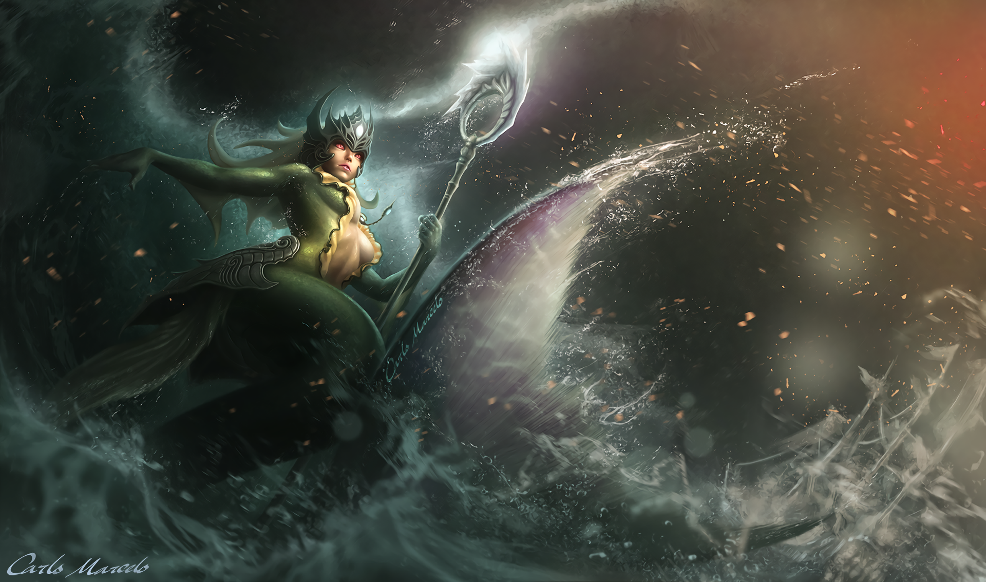 Nami from League of Legends riding a sea creature HD Wallpaper