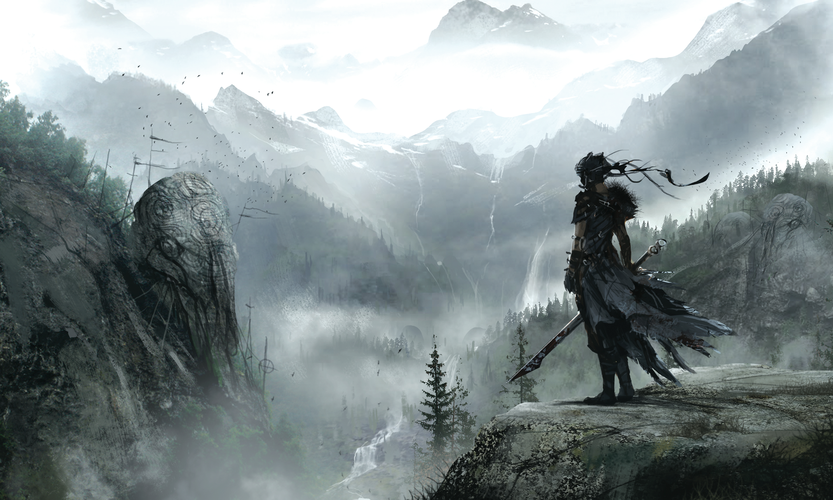 Senua from Hellblade in a misty mountain landscape HD Wallpaper