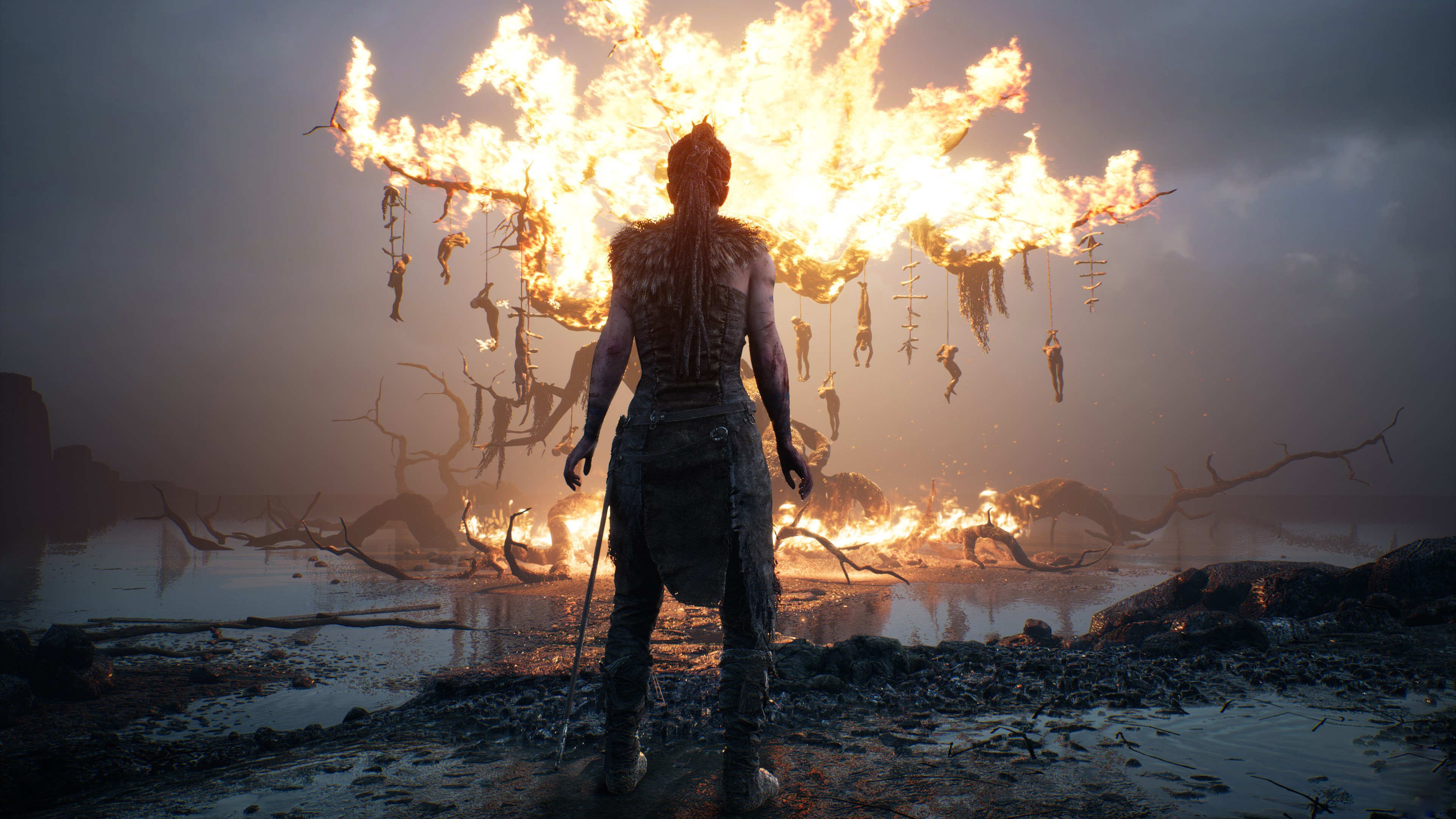Senua from Hellblade in a burning landscape HD Wallpaper