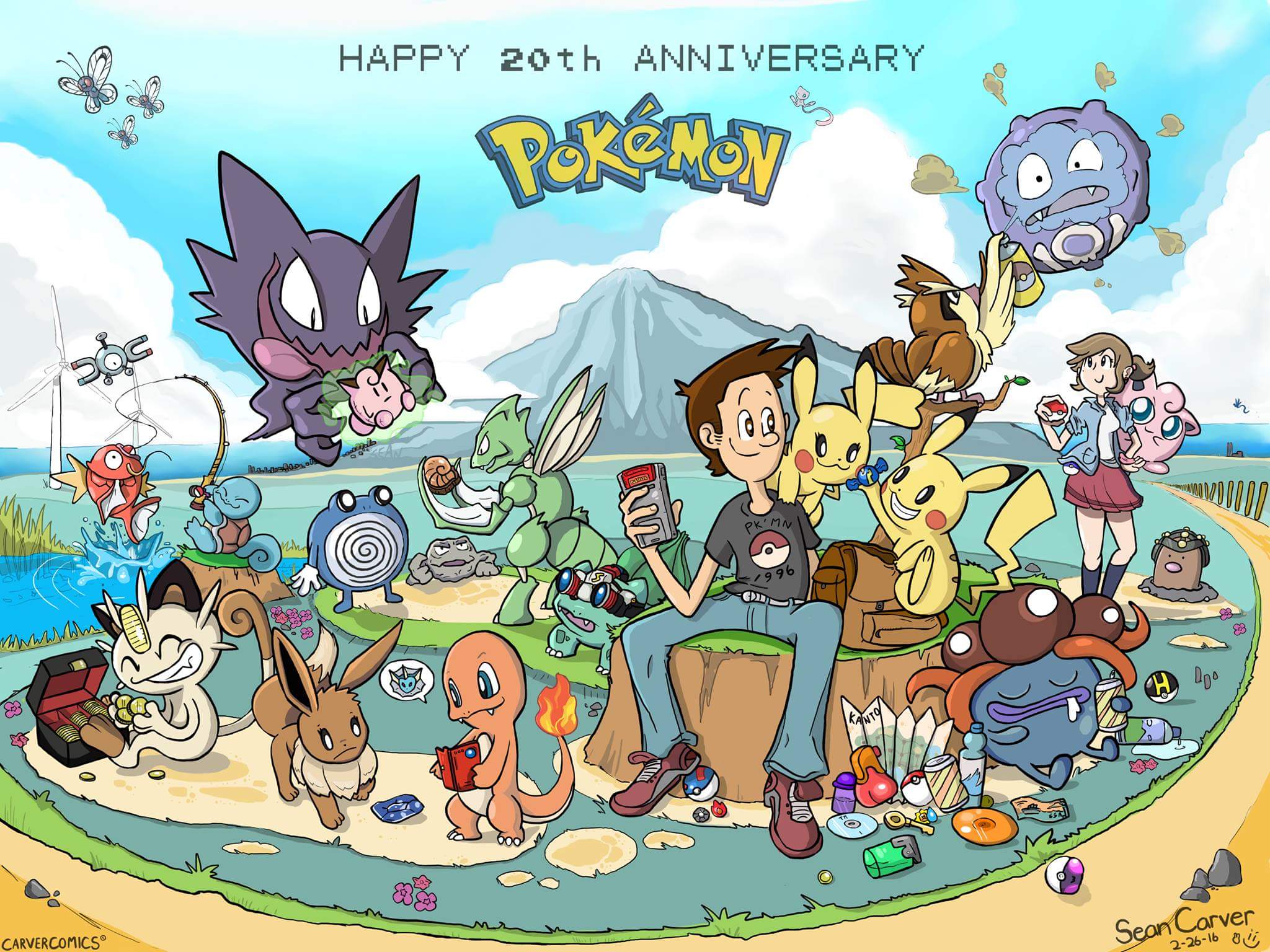 Pokemon 20th Anniversary Illustration with Characters and Pokemon HD Wallpaper