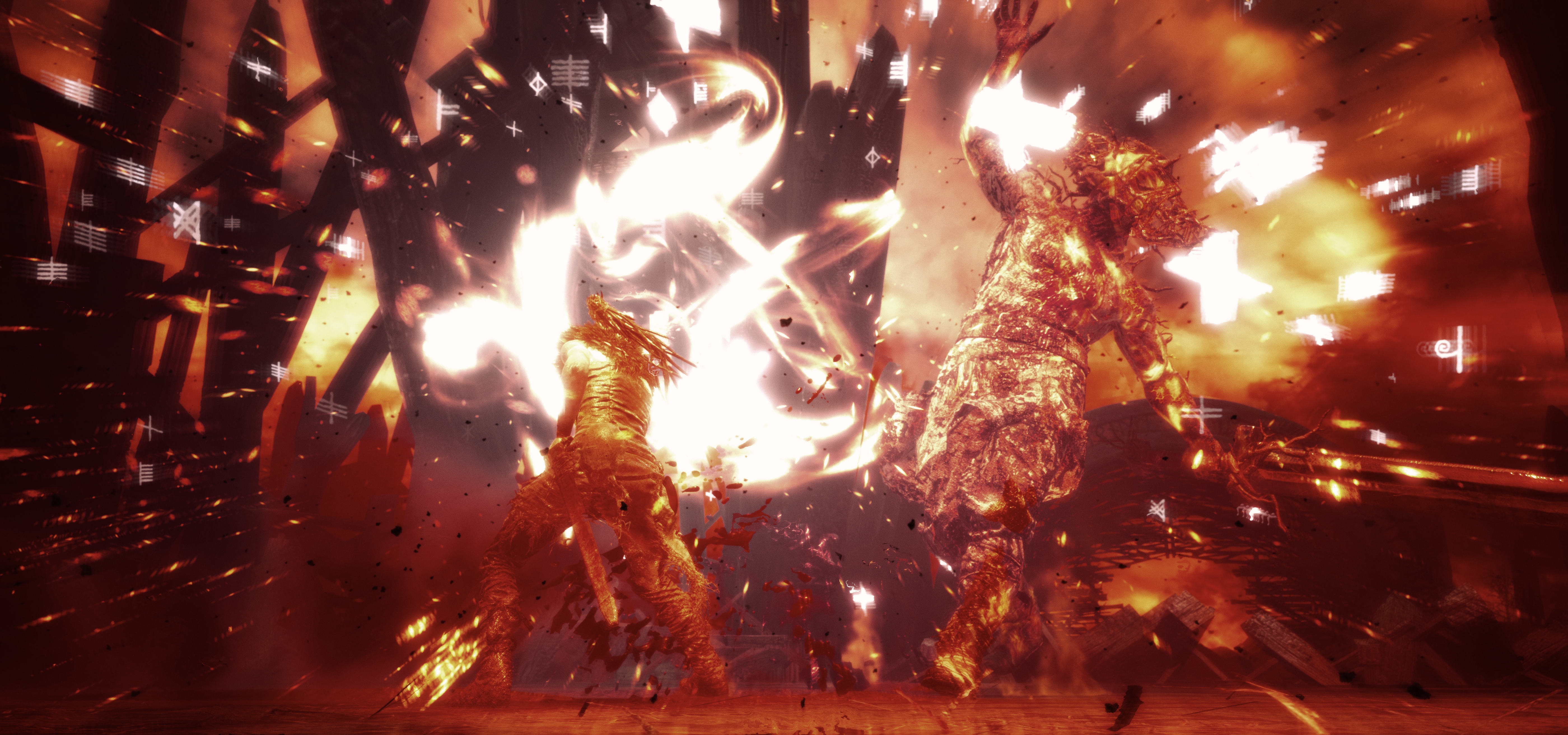 Senua from Hellblade fighting in a fiery battle HD Wallpaper