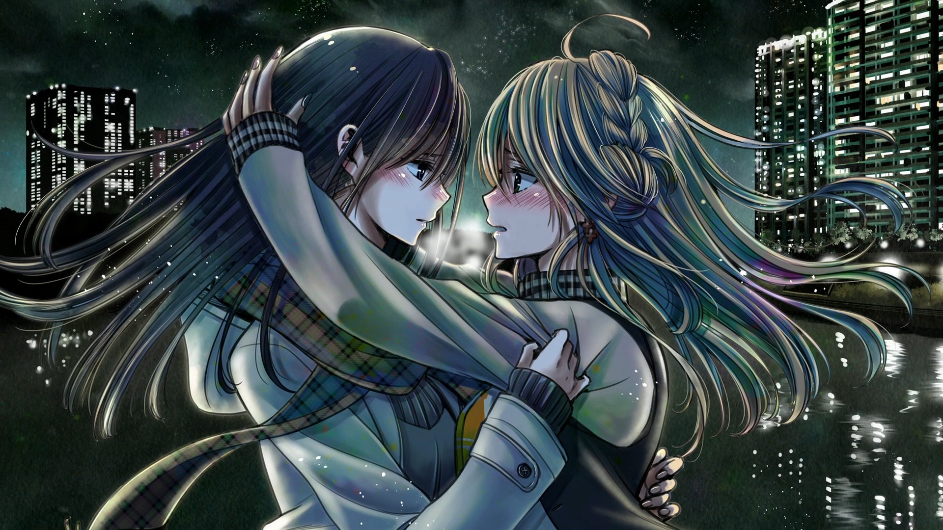 Yuzu Aihara embracing another girl at night HD Wallpaper