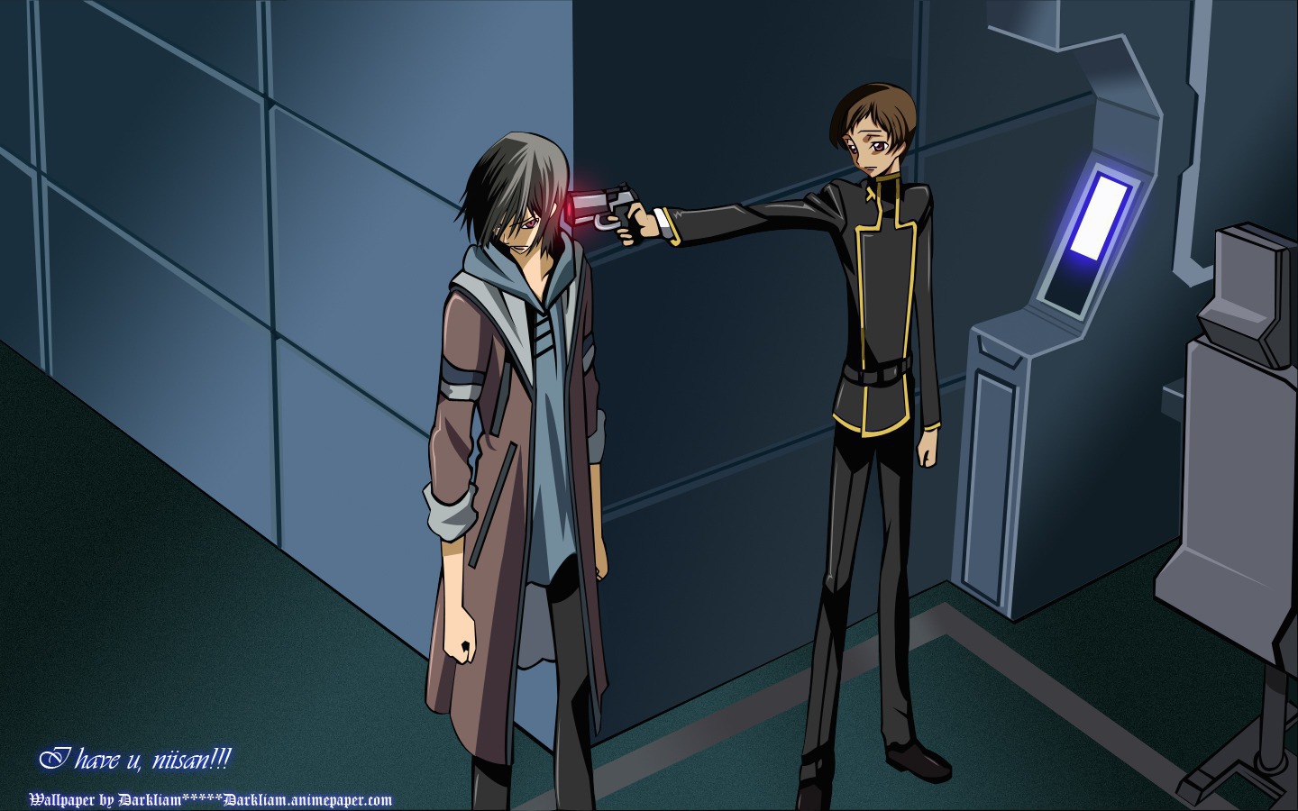 Rolo Lamperouge holding a gun to another character HD Wallpaper