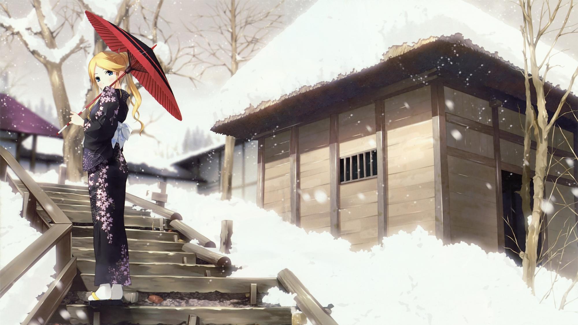 Girl in Kimono with Umbrella in Snow HD Wallpaper