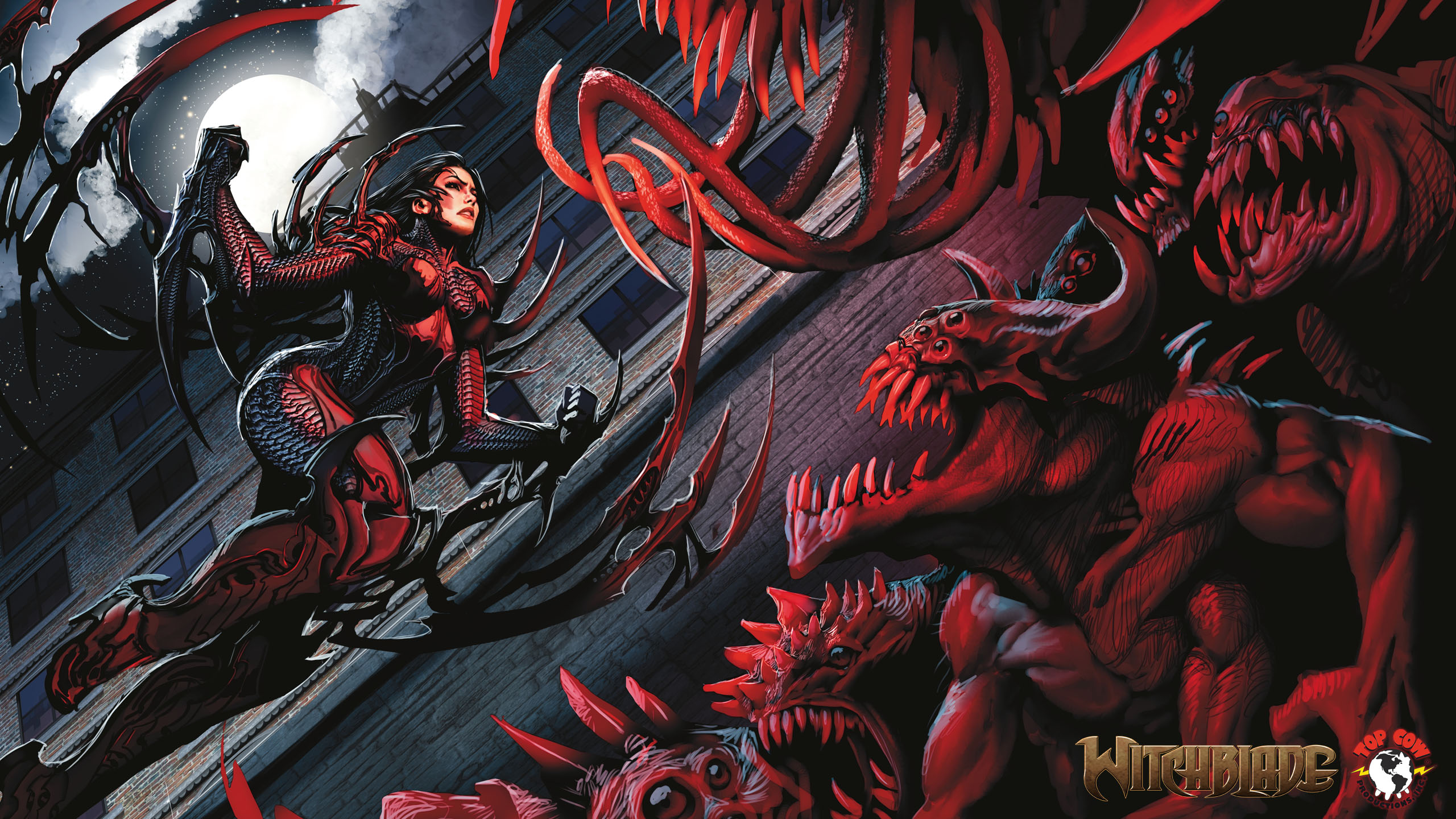 Witchblade and monsters in a city at night HD Wallpaper