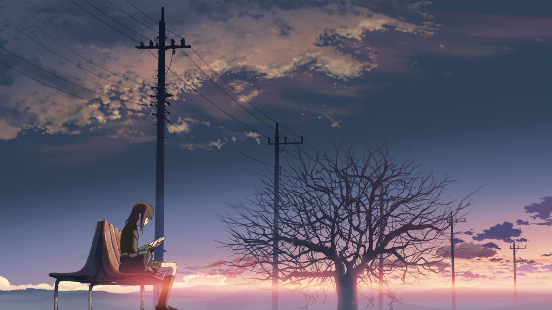 Akari Shinohara sitting on a bench at sunset HD Wallpaper