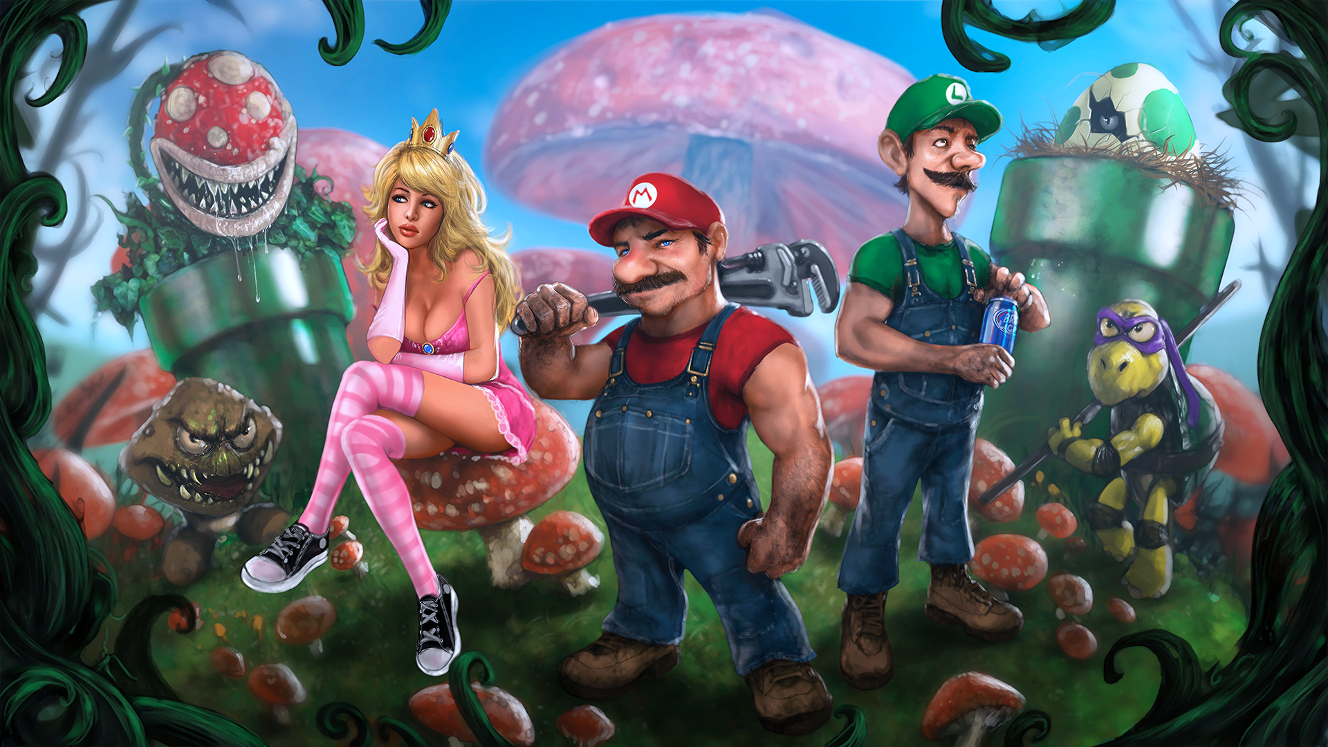 Mario, Luigi, Princess Peach, Goomba, Piranha Plant, and Raphael from Teenage Mutant Ninja Turtles HD Wallpaper