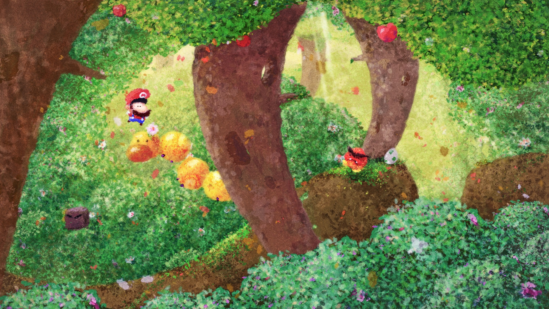 Mario from Super Mario Bros. and Goombas in a forest HD Wallpaper