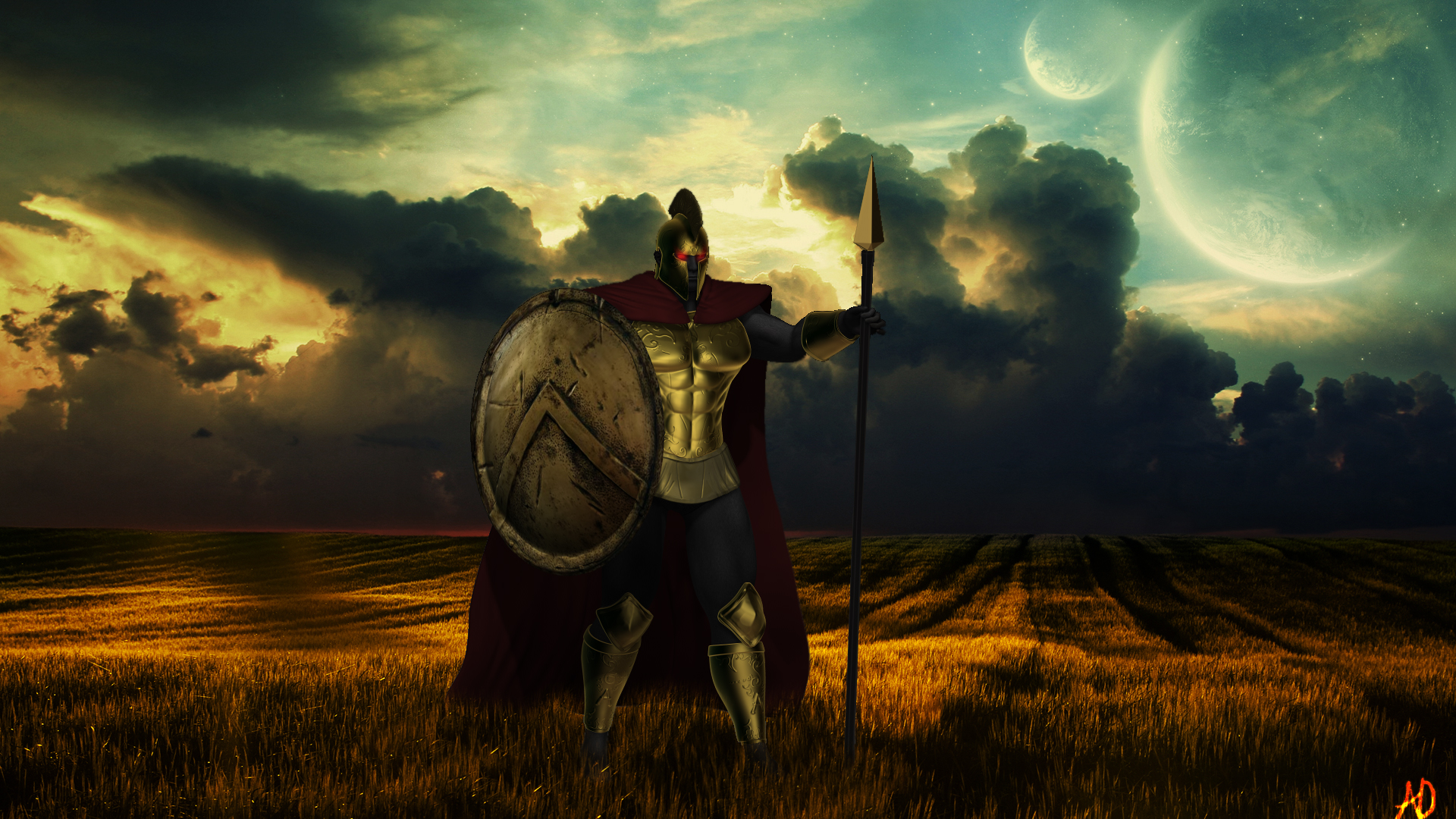 Spartan warrior with shield and spear in field HD Wallpaper