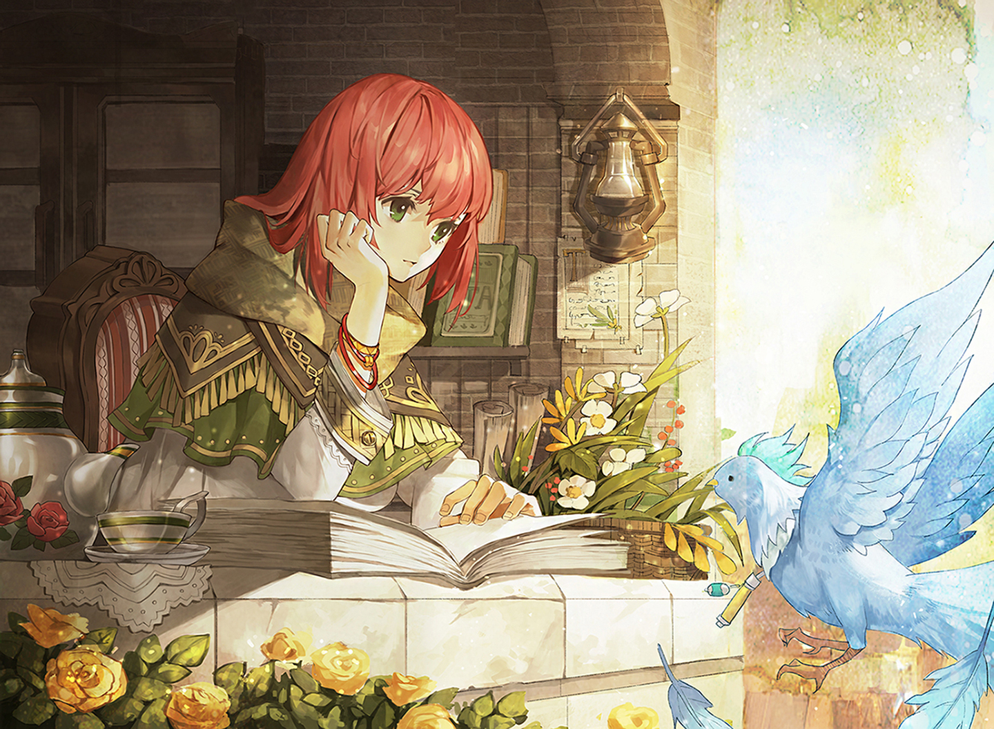 Shirayuki reading a book with a blue bird HD Wallpaper
