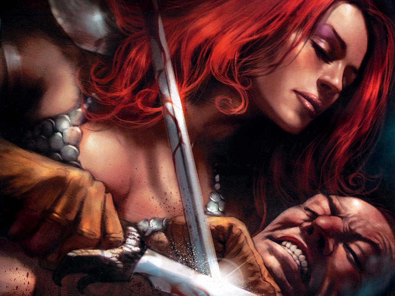 Red Sonja fighting with a sword HD Wallpaper