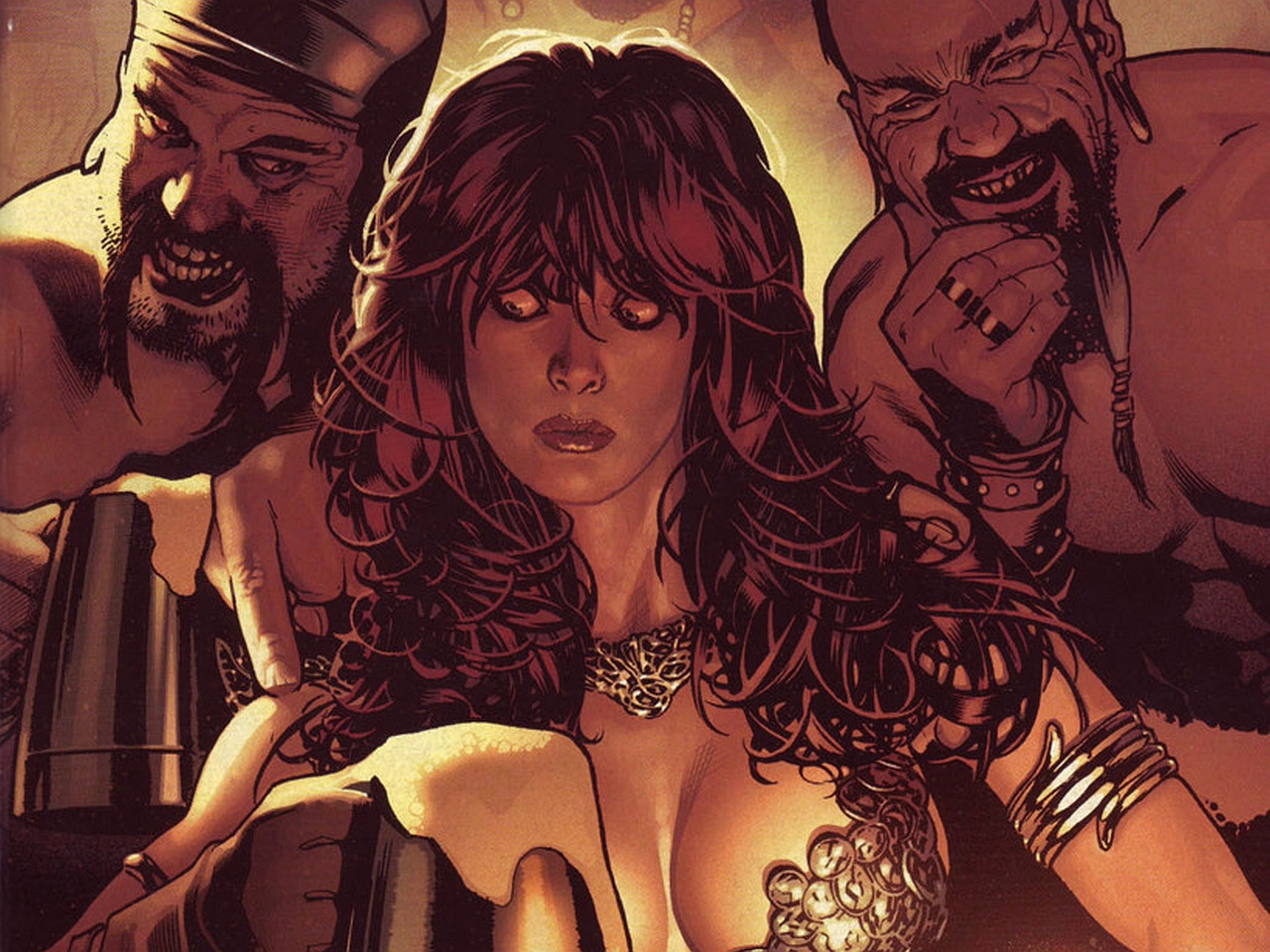 Red Sonja with two men HD Wallpaper