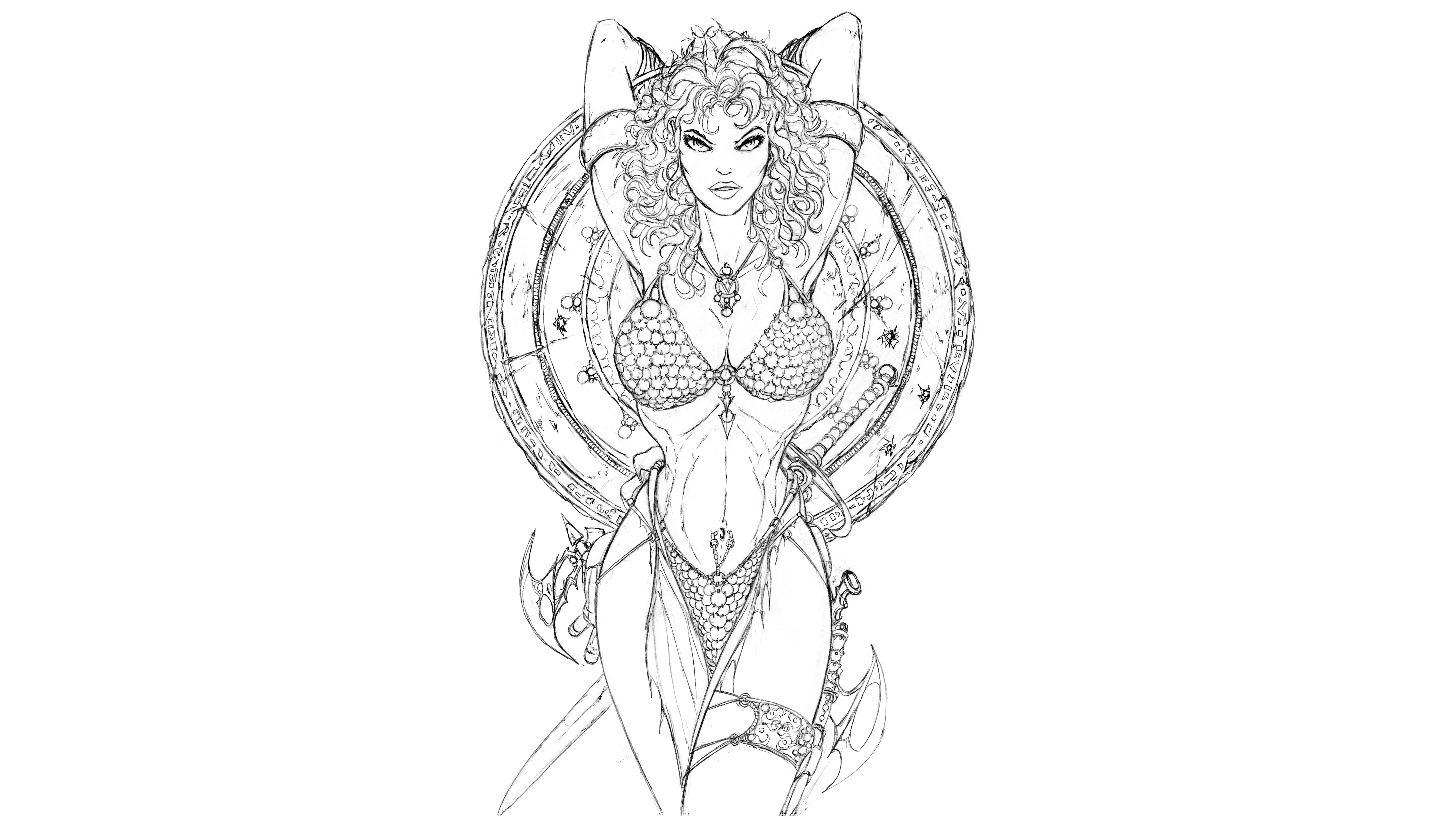 Red Sonja with a circular emblem HD Wallpaper
