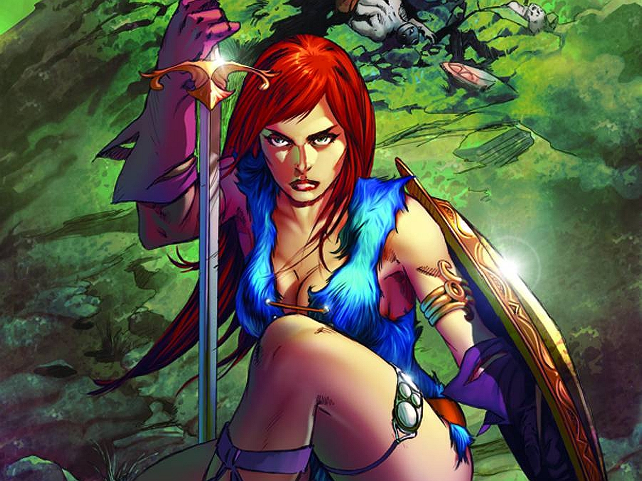 Red Sonja with Sword and Shield HD Wallpaper