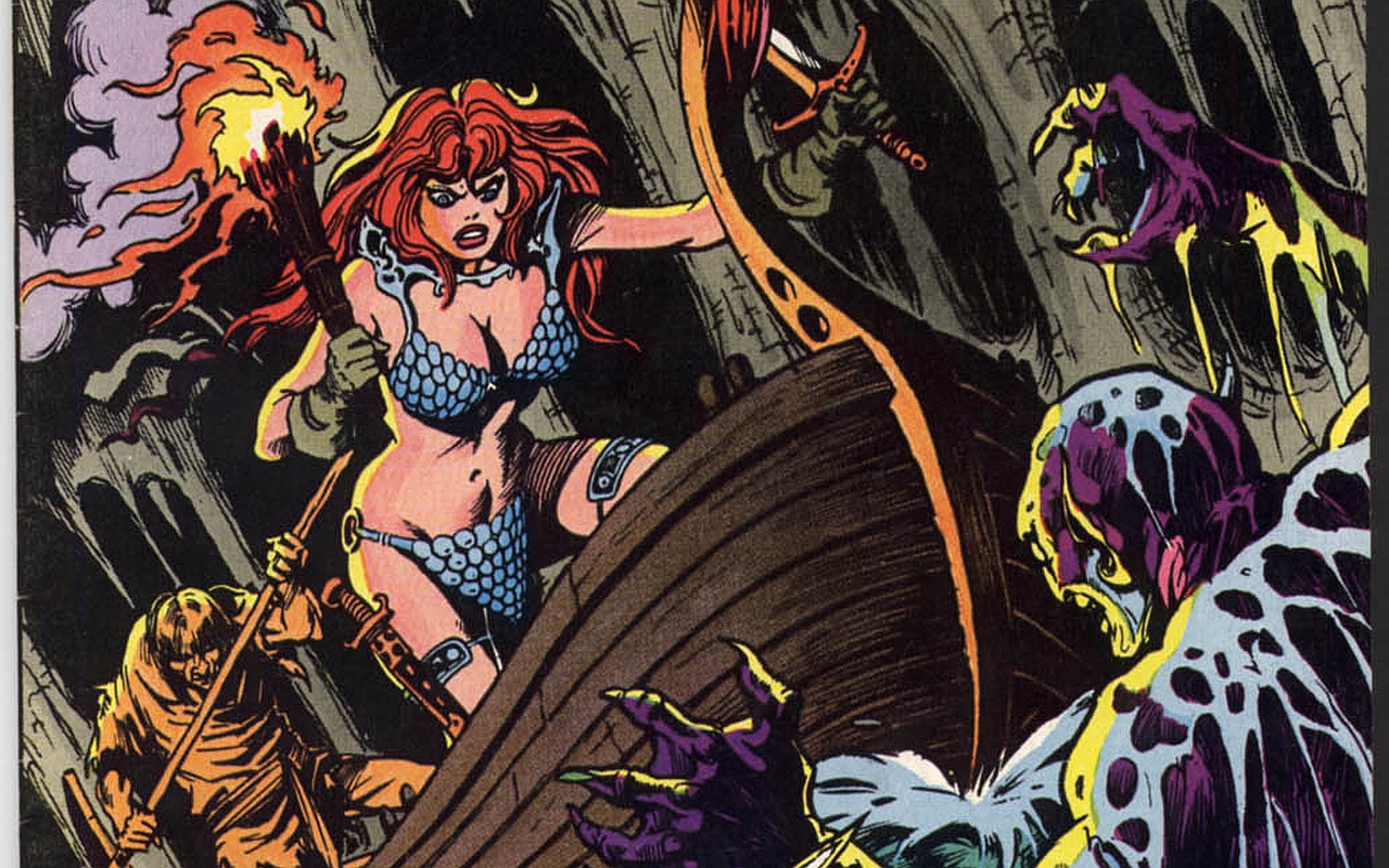 Red Sonja fighting monsters on a boat HD Wallpaper