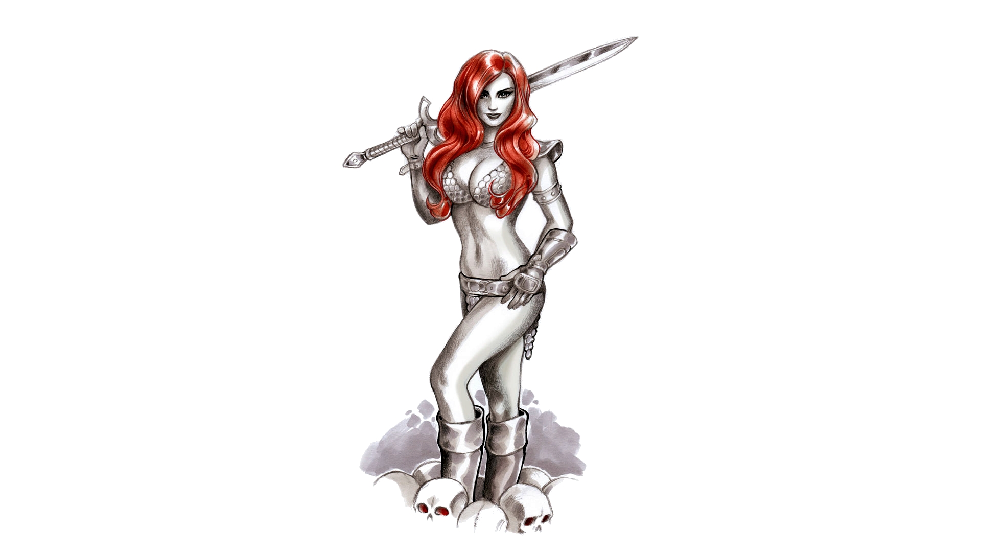 Red Sonja with Sword Standing on Skulls HD Wallpaper