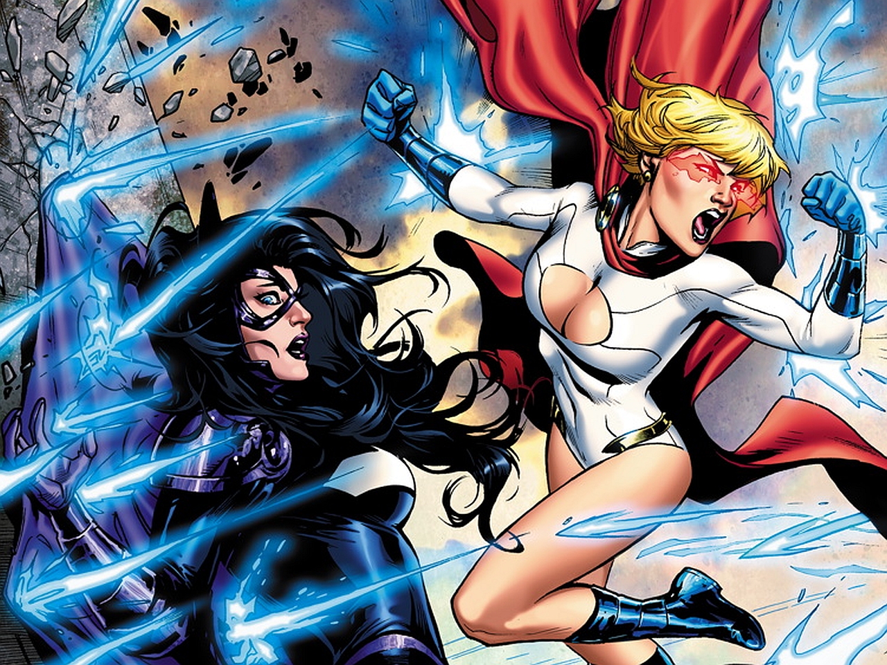 Power Girl fighting Huntress HD Wallpaper