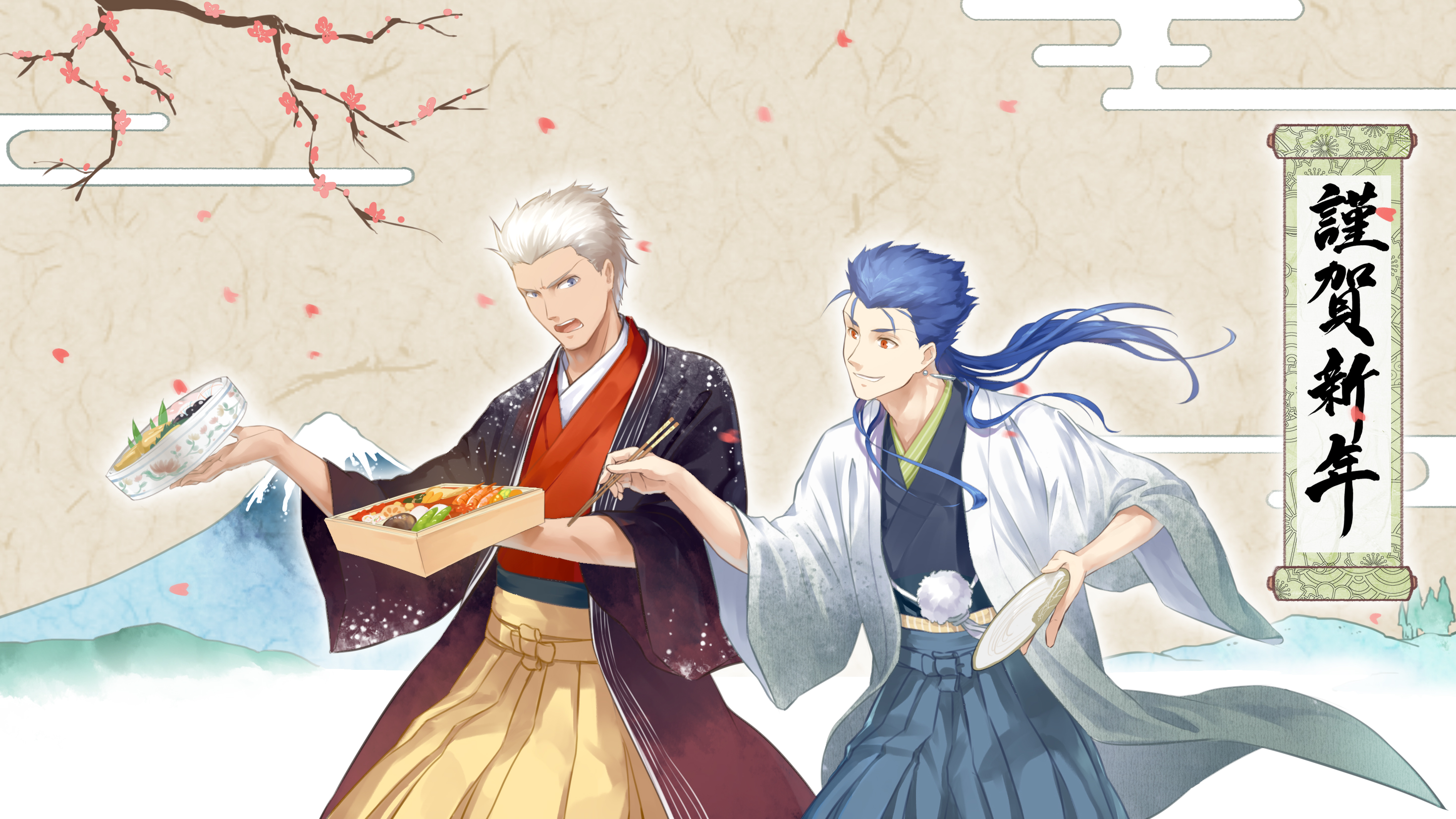 Archer and Lancer from Fate/Stay Night with New Year's food HD Wallpaper