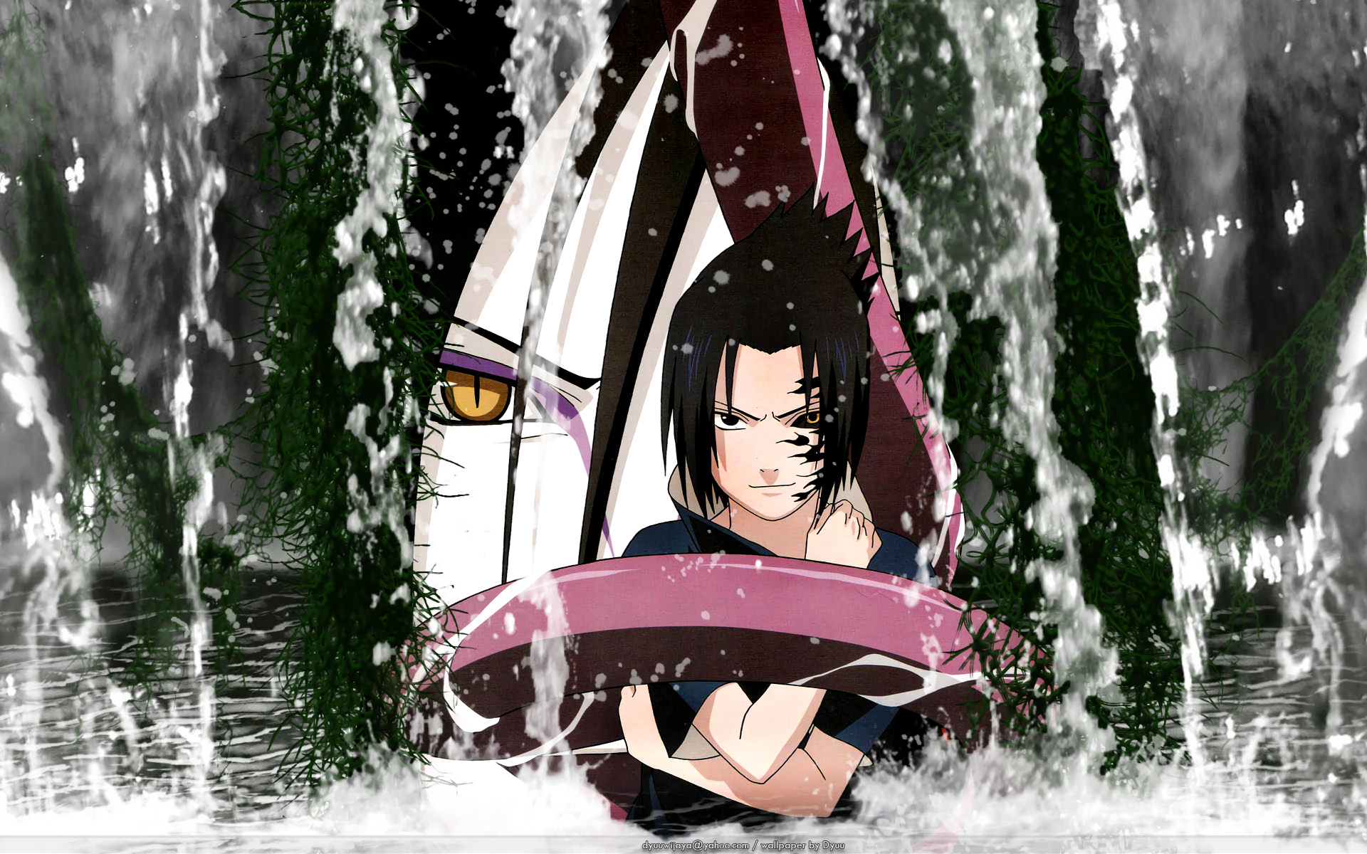 Sasuke and Orochimaru from Naruto behind a waterfall HD Wallpaper