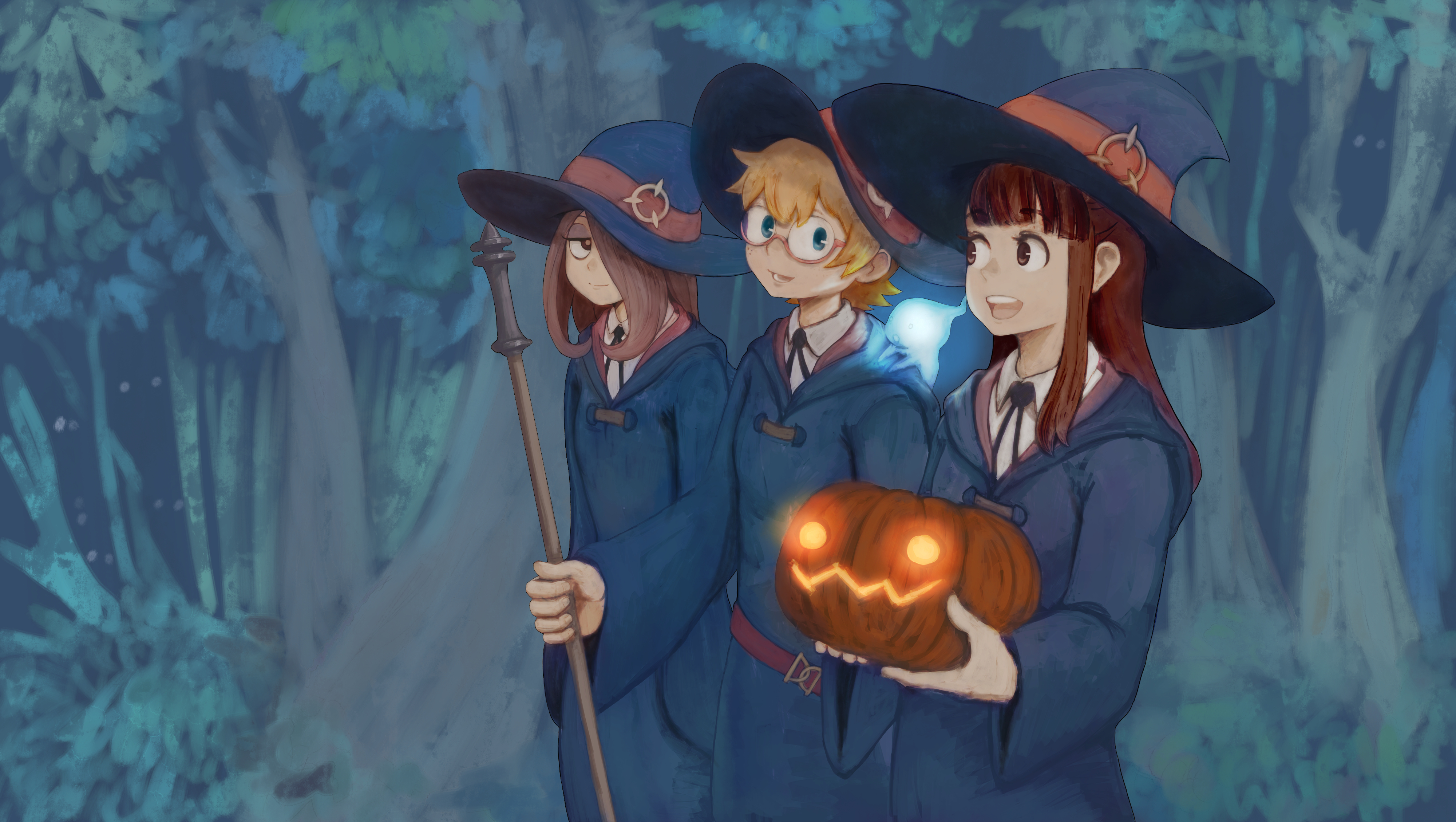 Three witches with a pumpkin in a forest HD Wallpaper