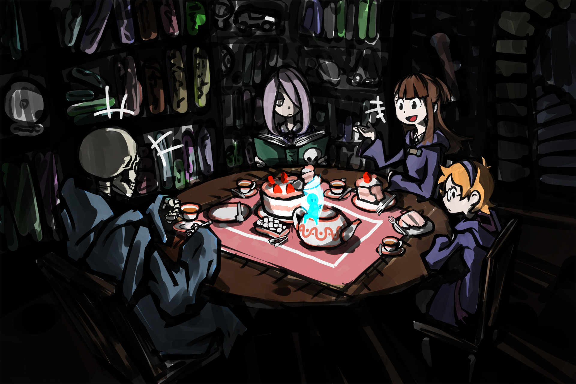 Little Witch Academia characters at a tea party HD Wallpaper