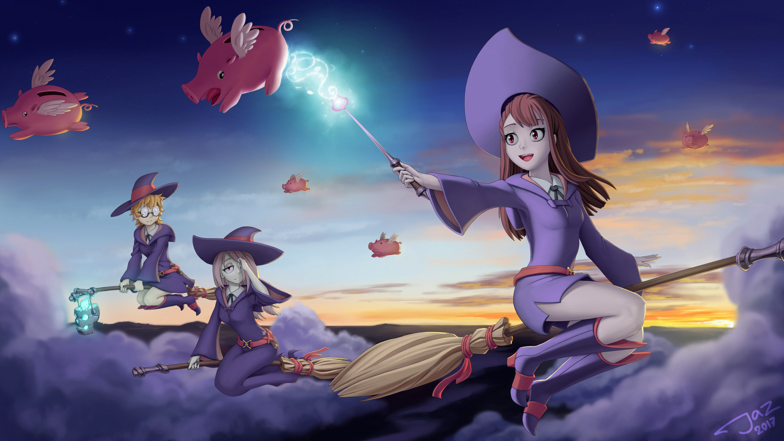 Akko and friends flying on brooms with flying pigs HD Wallpaper