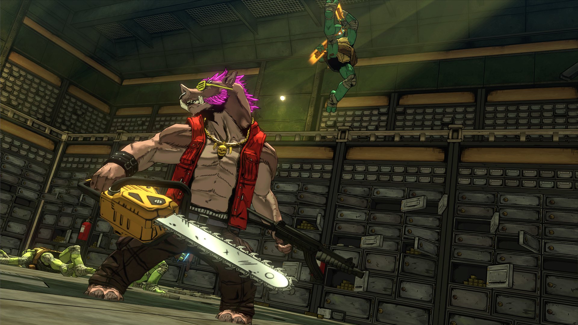 Bebop from TMNT holding a chainsaw and gun HD Wallpaper