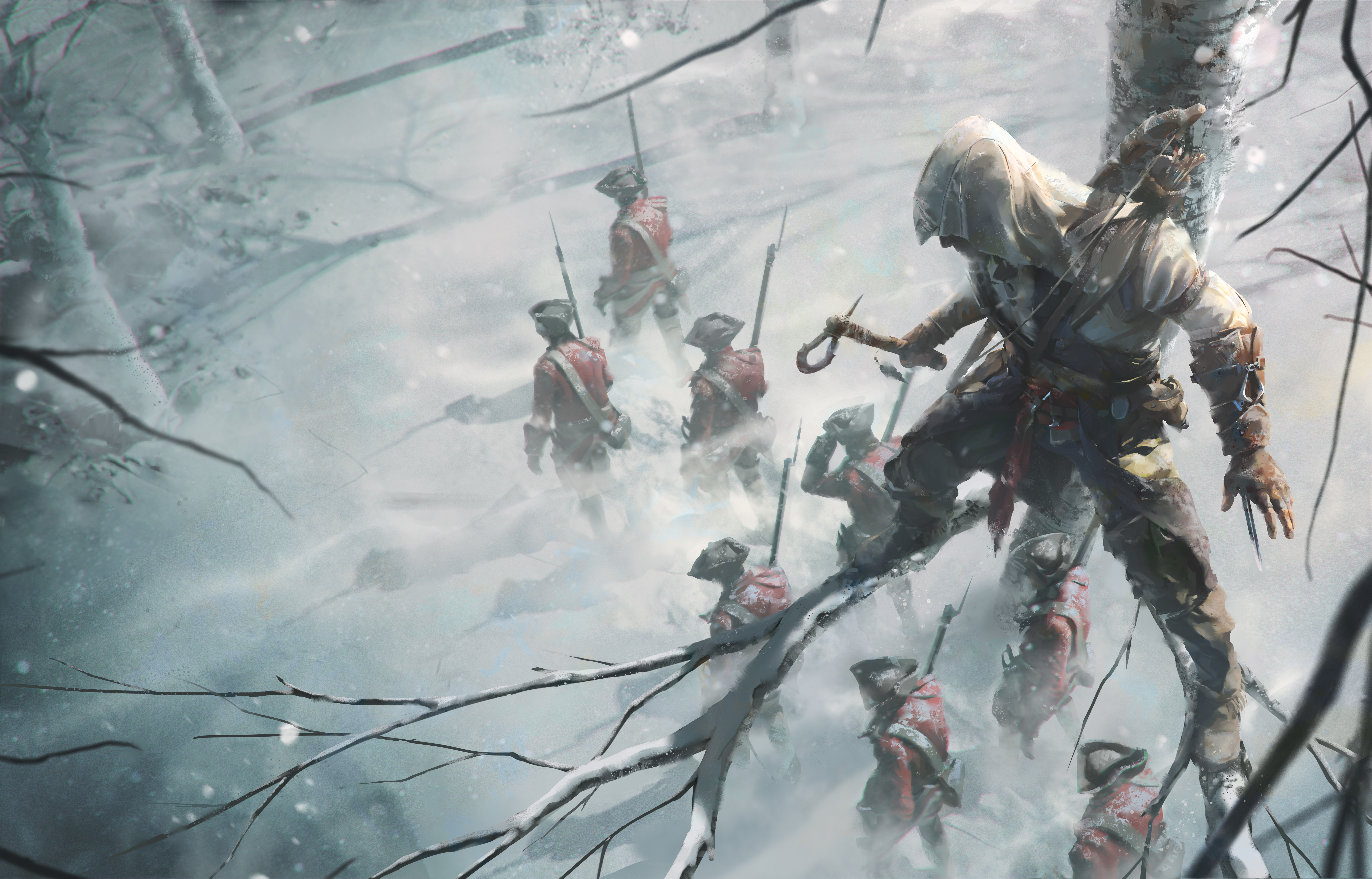Connor from Assassin's Creed in a snowy forest HD Wallpaper