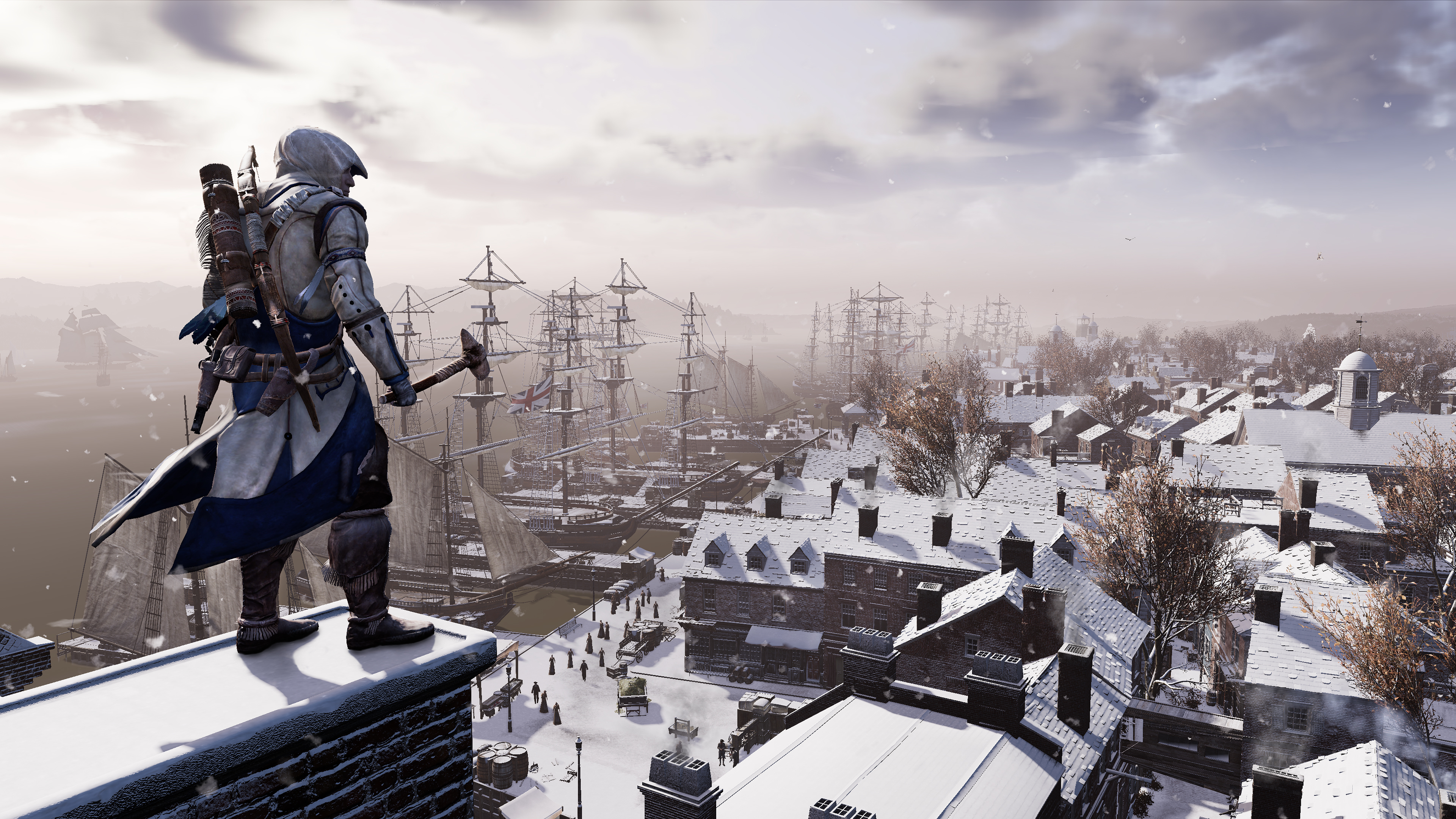 Connor from Assassin's Creed in a snowy harbor HD Wallpaper
