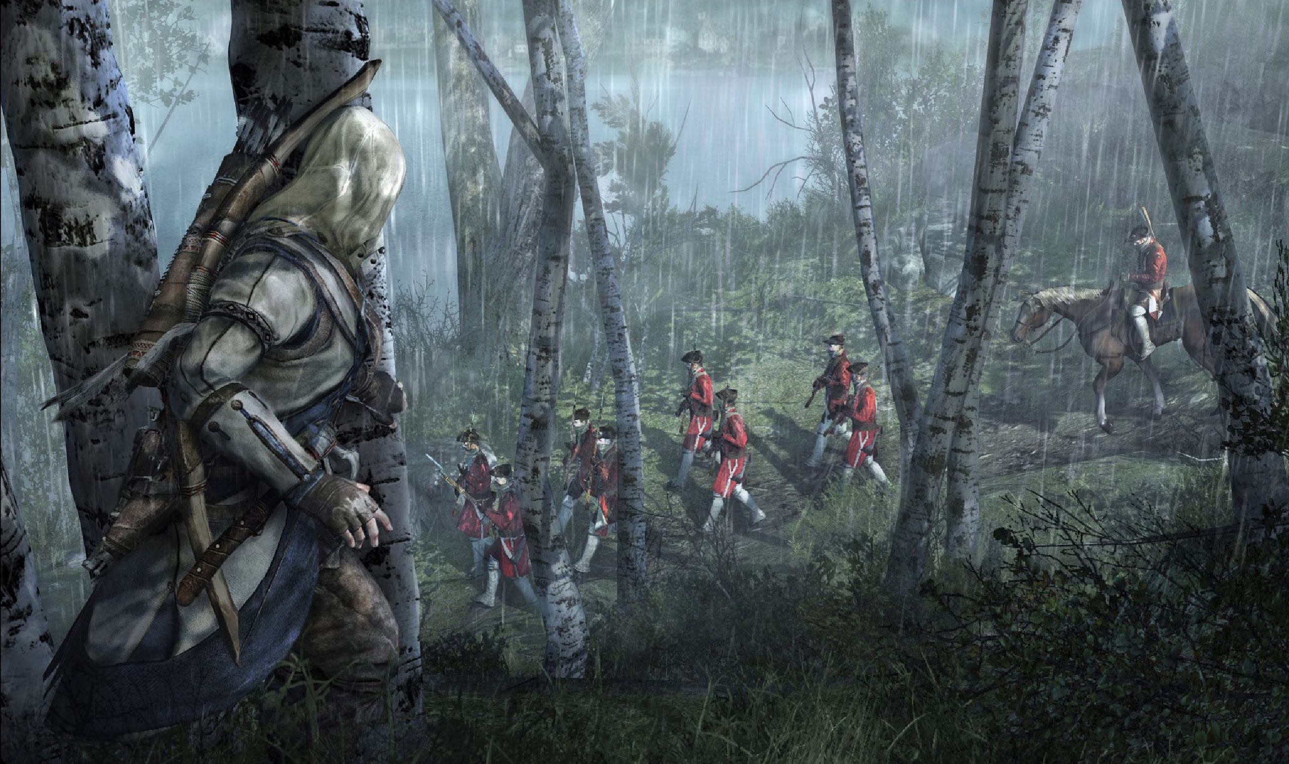 Connor from Assassin's Creed in a forest during rain HD Wallpaper
