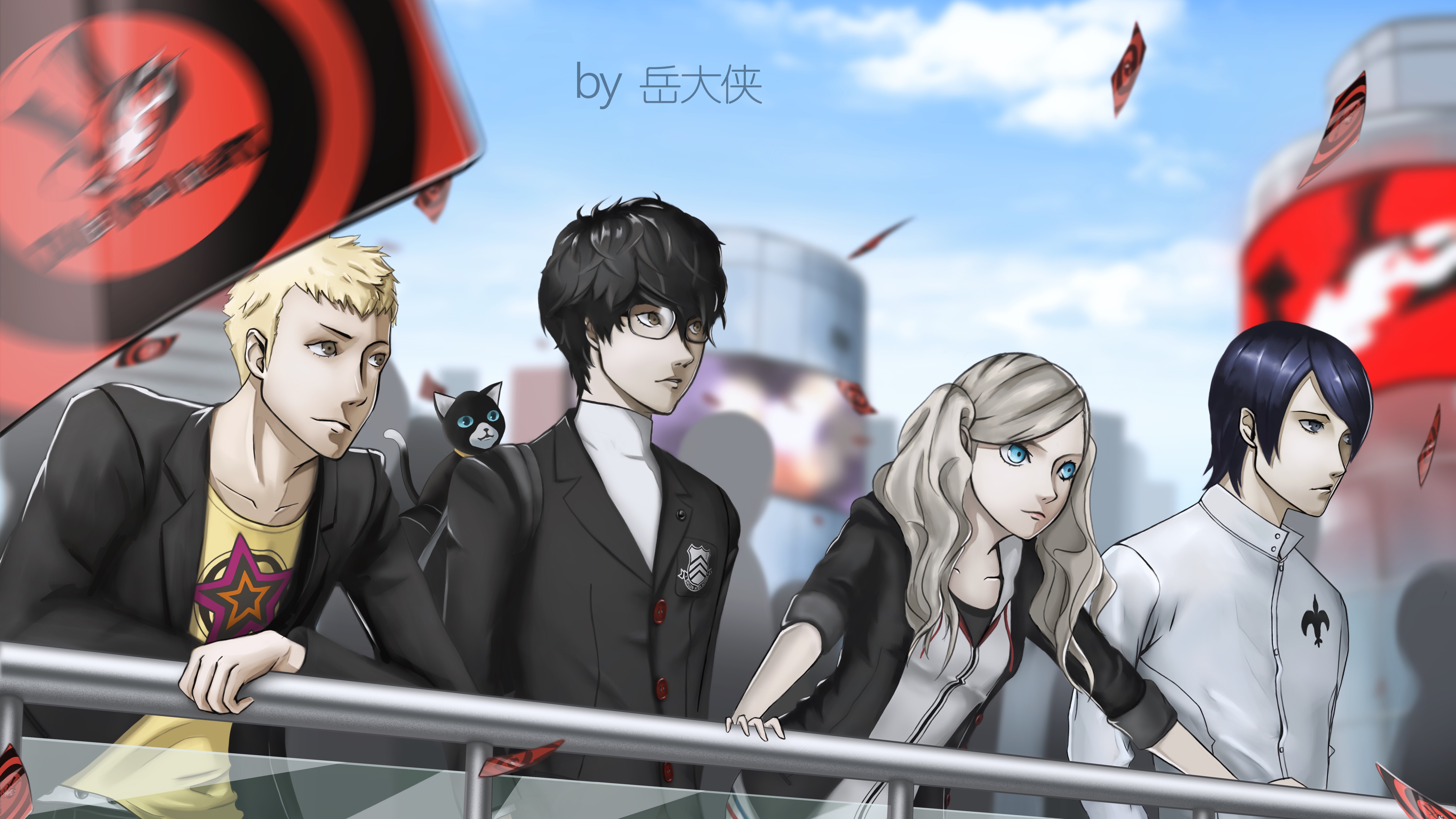Persona 5 characters Ryuji, Joker, Ann, and Yusuke HD Wallpaper