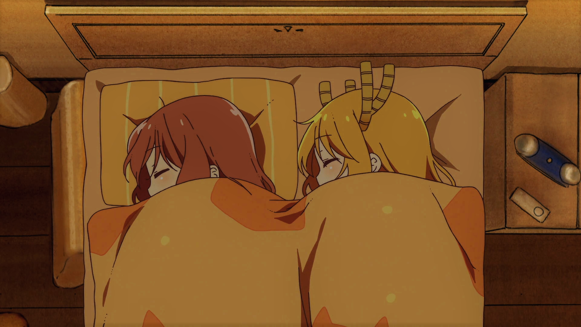 Kobayashi and Tohru sleeping in bed from Miss Kobayashi's Dragon Maid HD Wallpaper