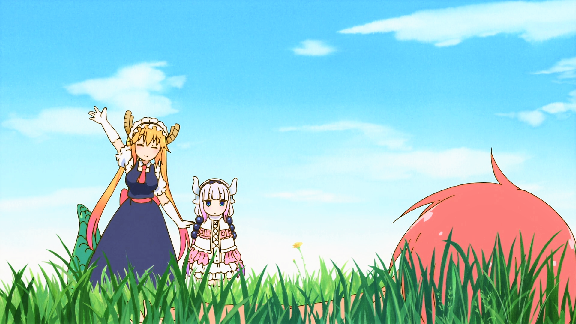Tohru and Kanna from Miss Kobayashi's Dragon Maid in a field HD Wallpaper