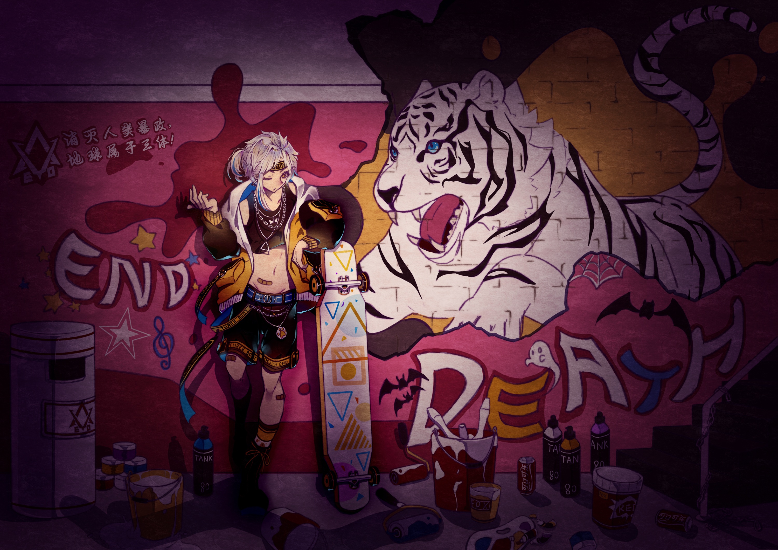 Anime character with skateboard in front of graffiti wall with tiger HD Wallpaper