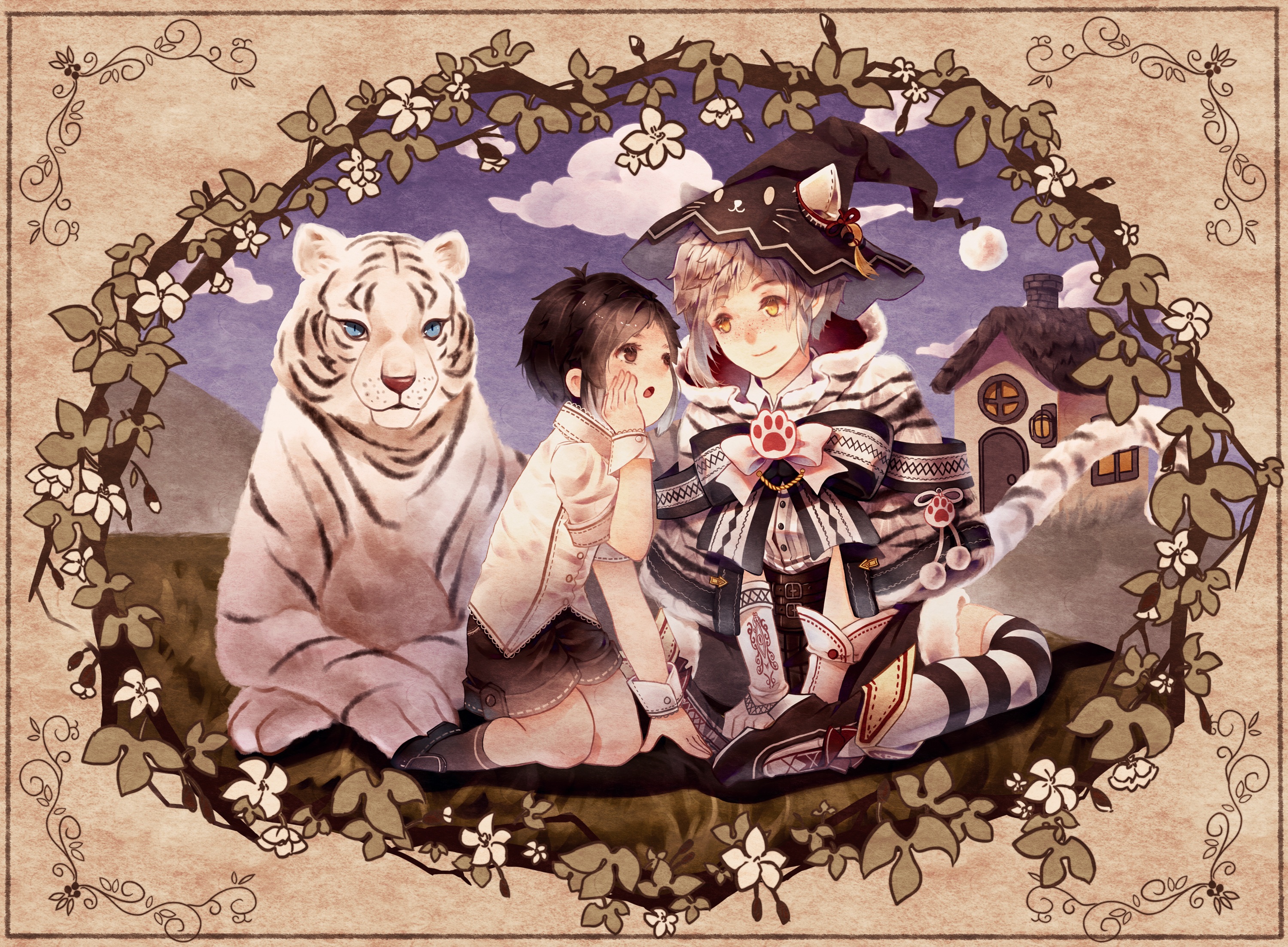 White Tiger and Two Children in Fantasy Setting HD Wallpaper