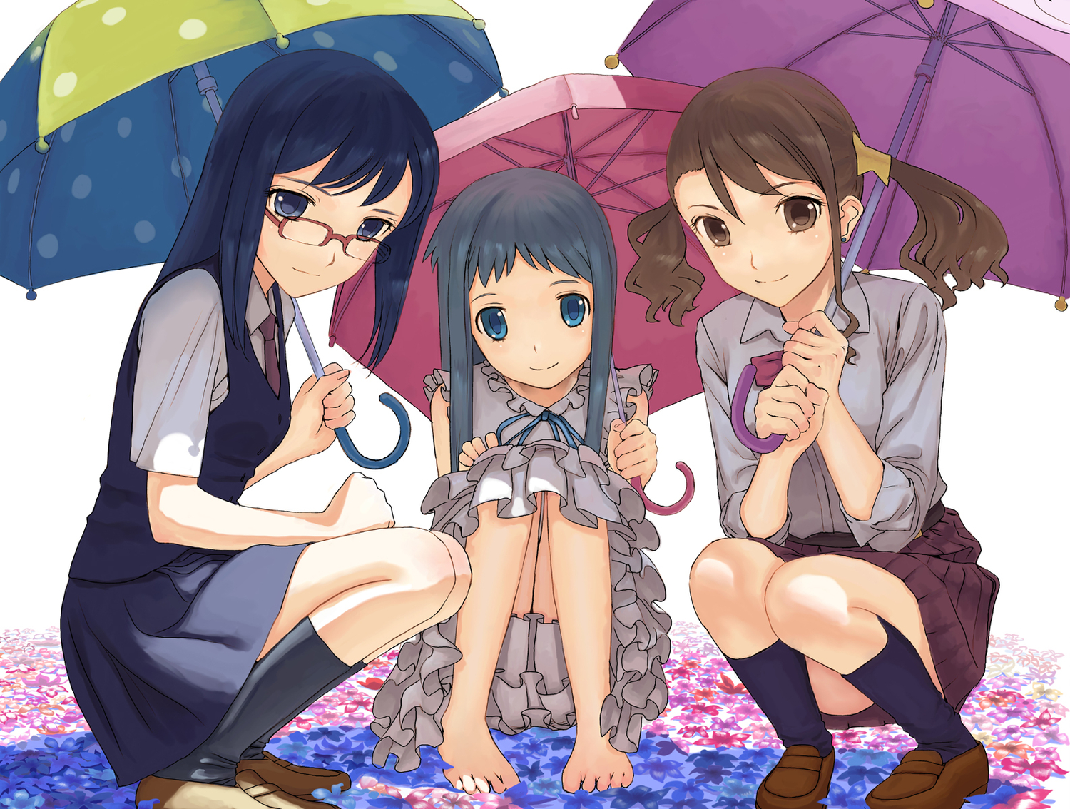 Naruko Anjou with friends under umbrellas HD Wallpaper