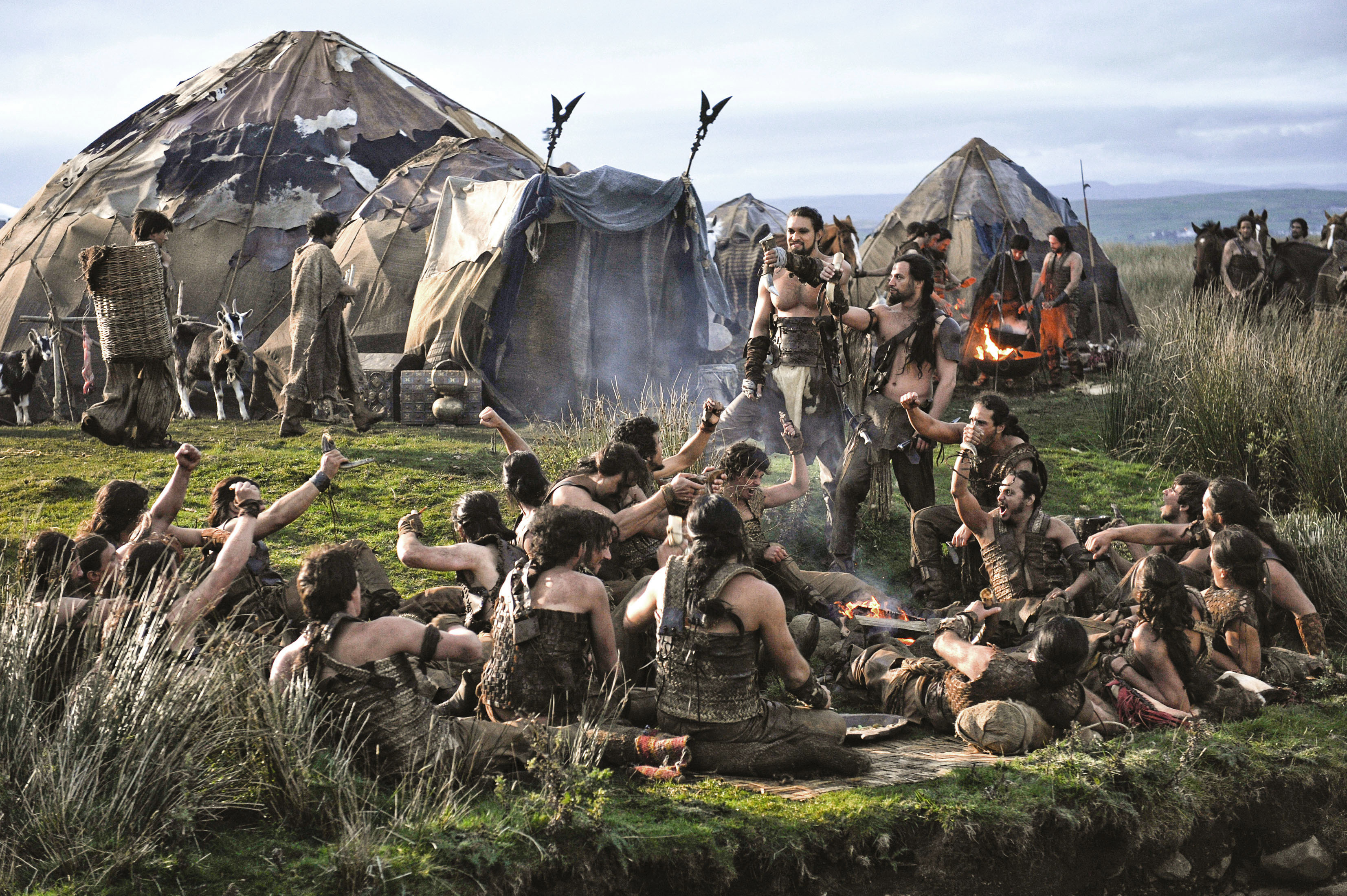 Khal Drogo and Dothraki warriors in a camp HD Wallpaper